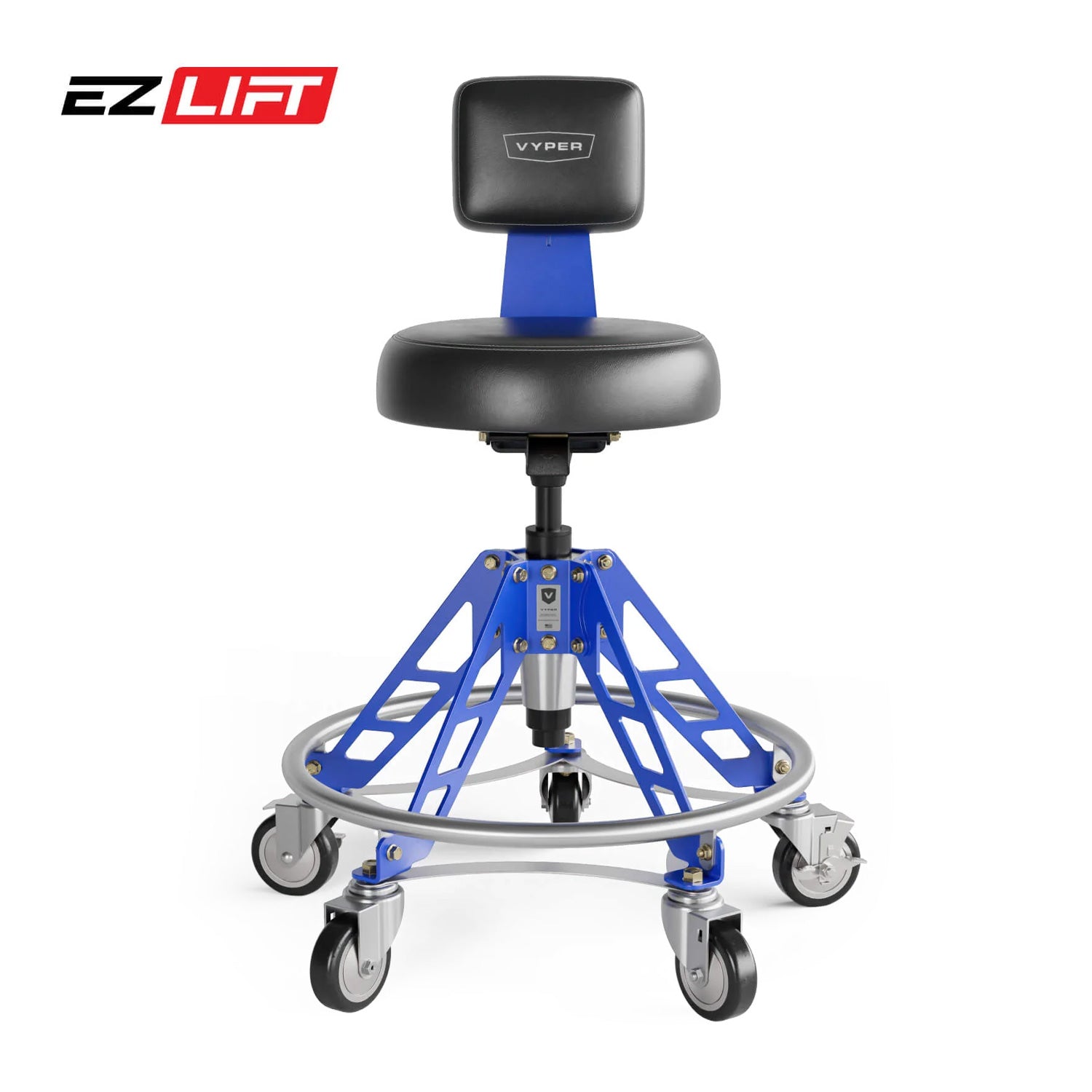 Mechanical stool with blue frame and black seat on a white background, featuring the EZ Lift and Vyper brand logos.