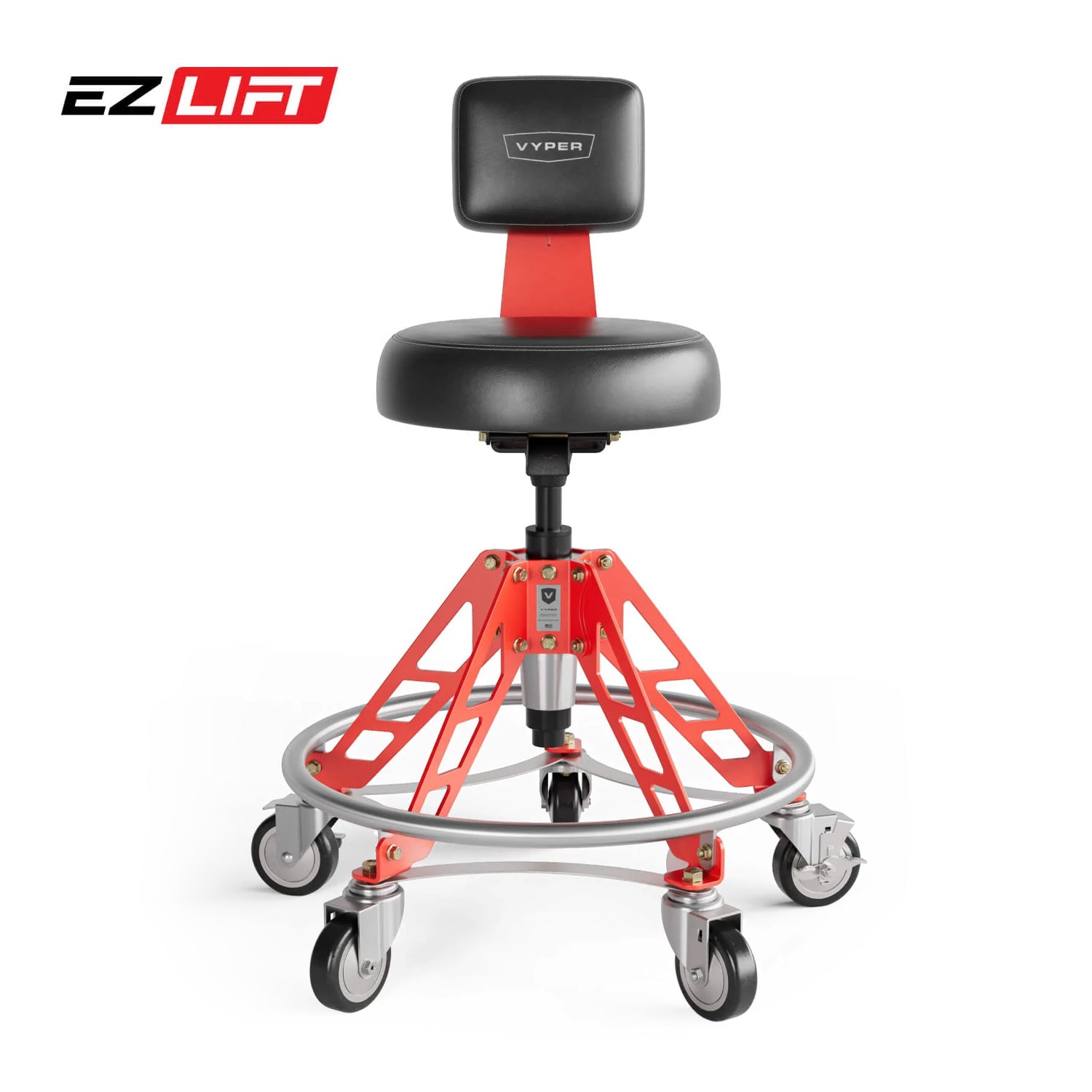 Mechanical stool with red frame and black seat on a white background, featuring the EZ Lift and Vyper brand logos.