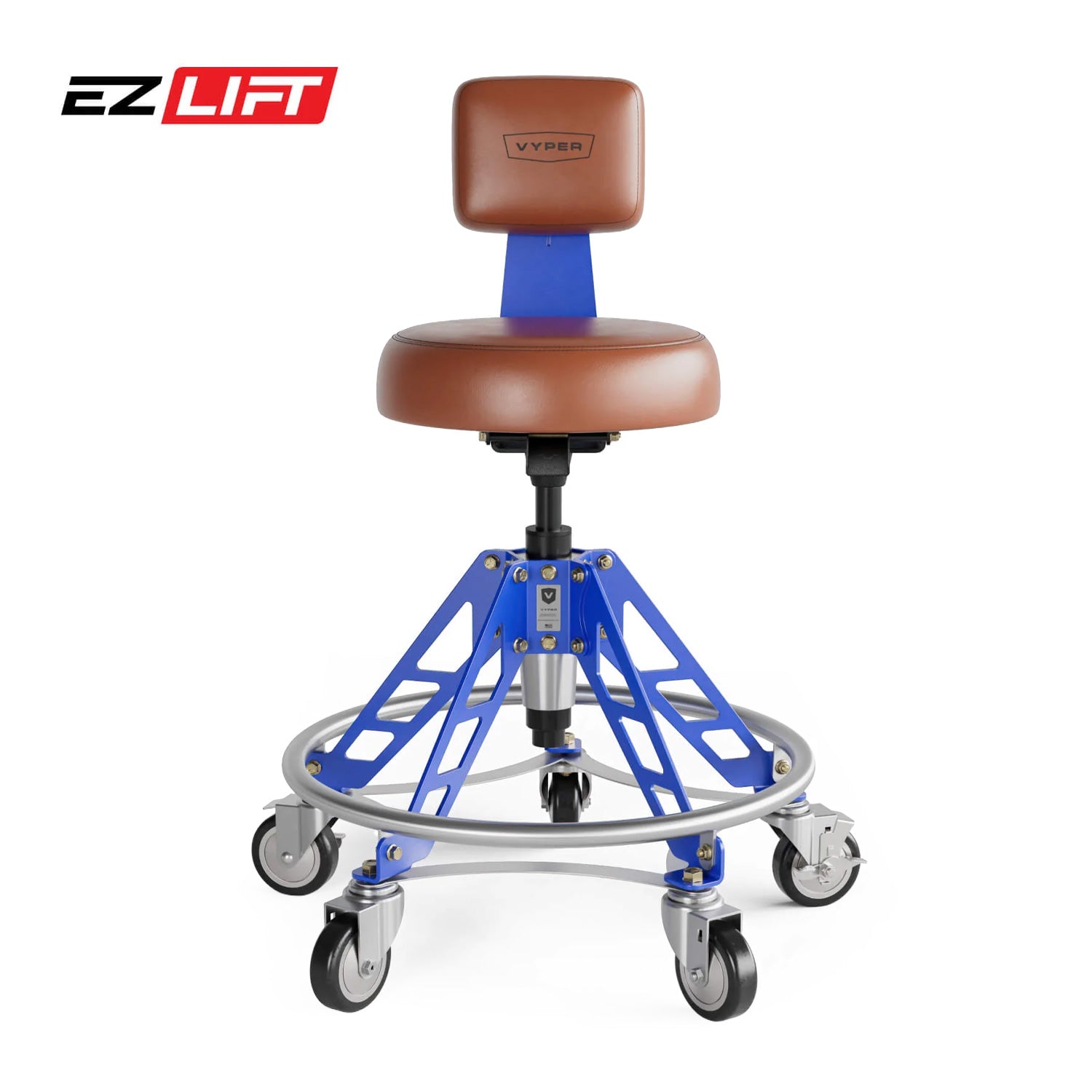EZ Lift stool with brown seat and blue metal frame on a white background