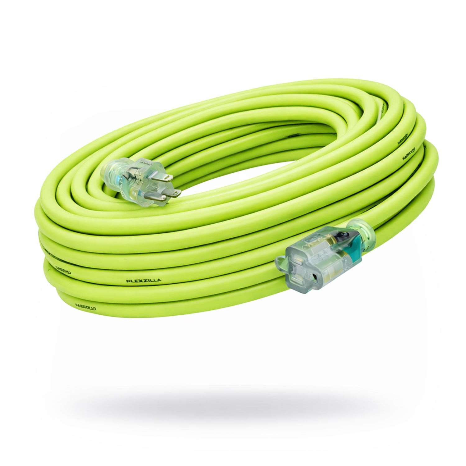 50 foot Coiled green extension cord on a white background