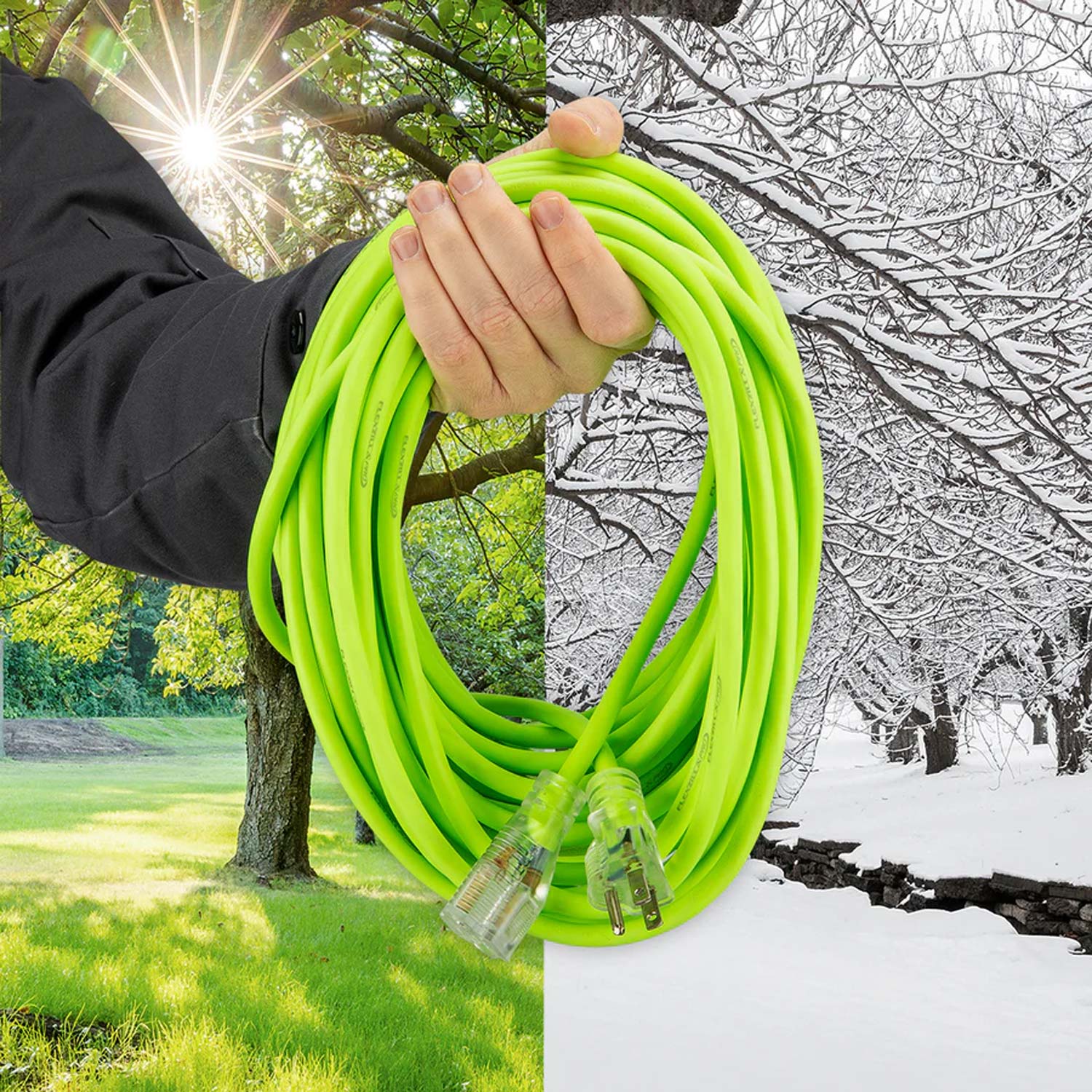 Person holding a coiled green extension cord with a split background showing a sunny day and snowy landscape.