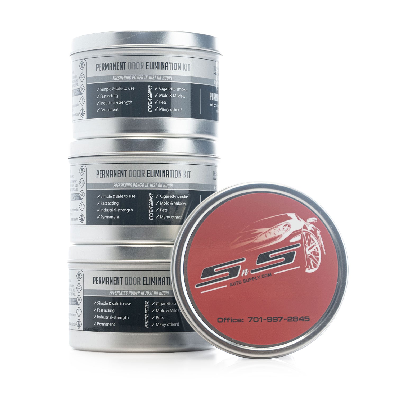 4 pack of Fog-It Containers with a red label featuring an sns logo and text on a white background