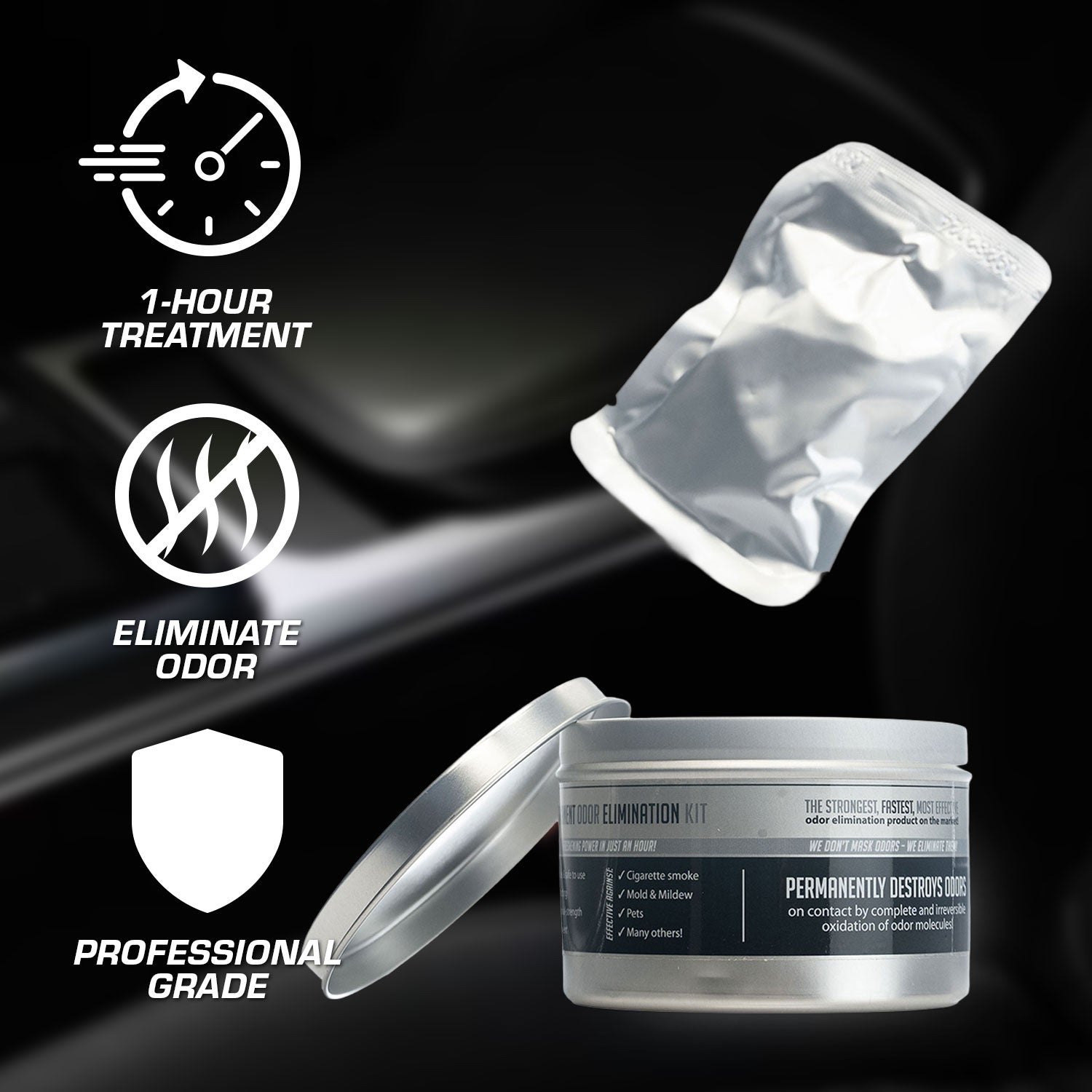 Fog-It Product packaging with text indicating 1-hour treatment, odor elimination, and professional grade on a dark background.