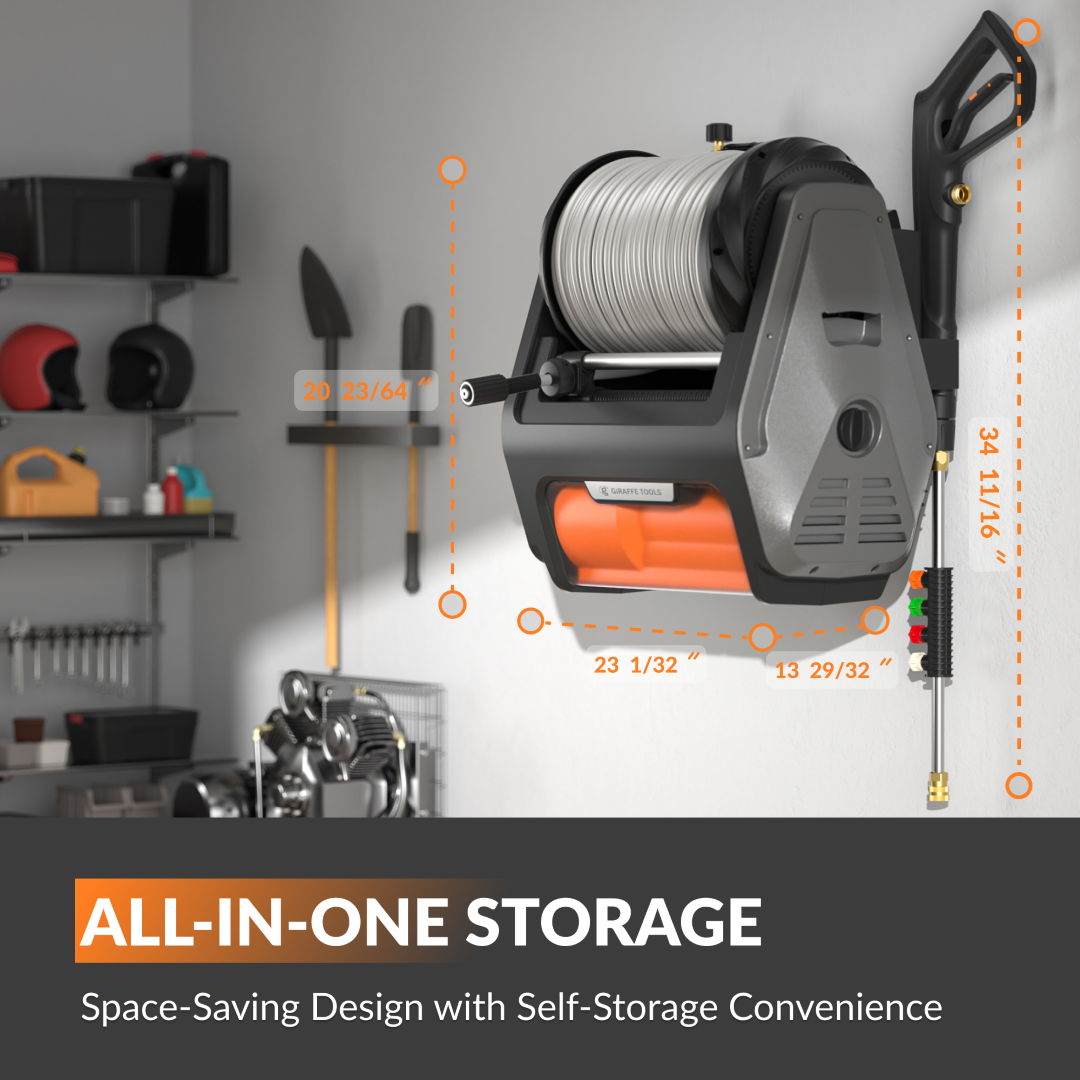 Wall-mounted storage reel with measurement details in a garage setting, featuring the text 'All-in-One Storage'.