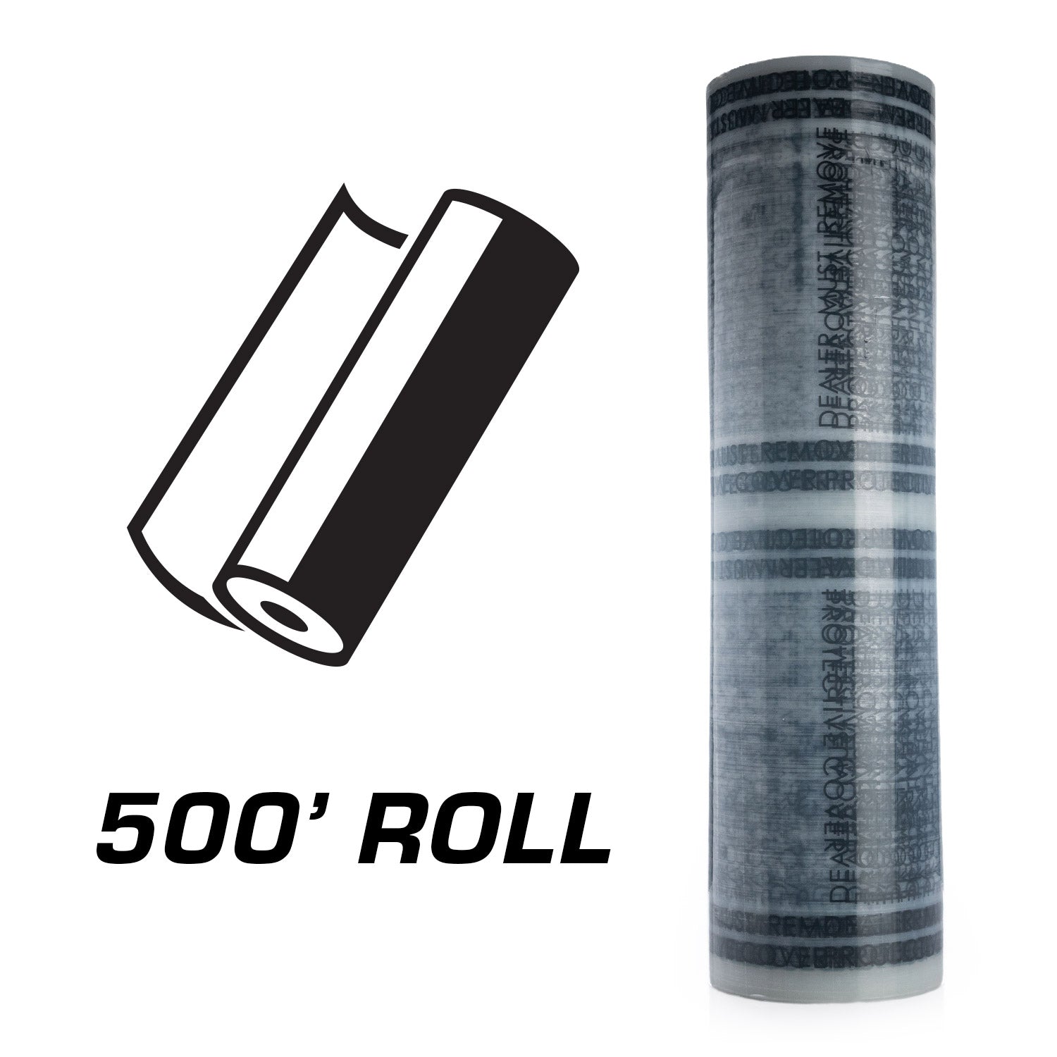 Roll of carpet film with '500' Roll' text on a white background