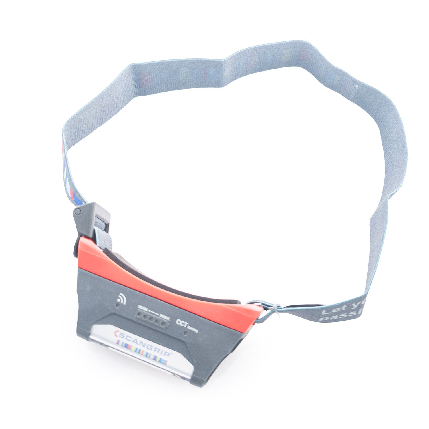Black and red headlamp with a strap on a white background