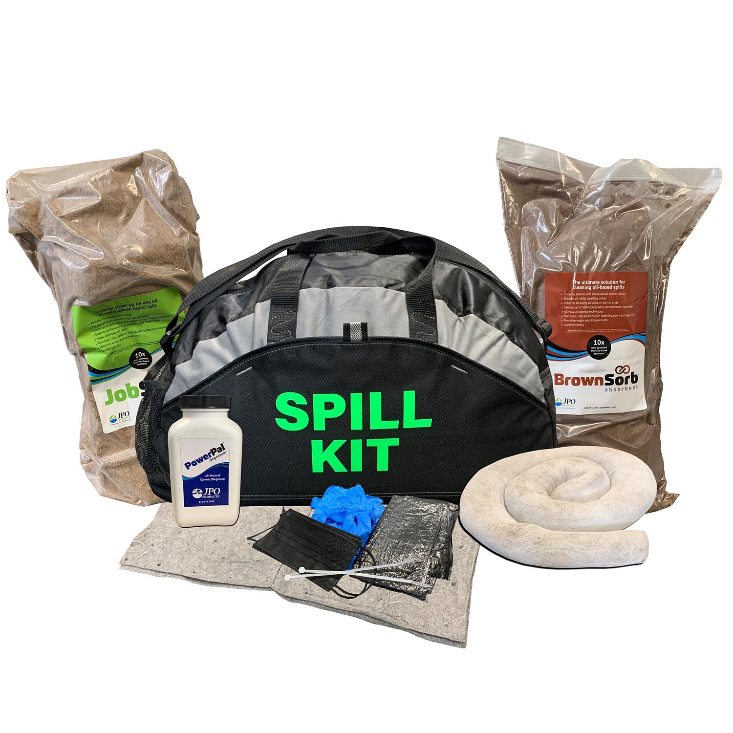 Spill kit with various components on a white background