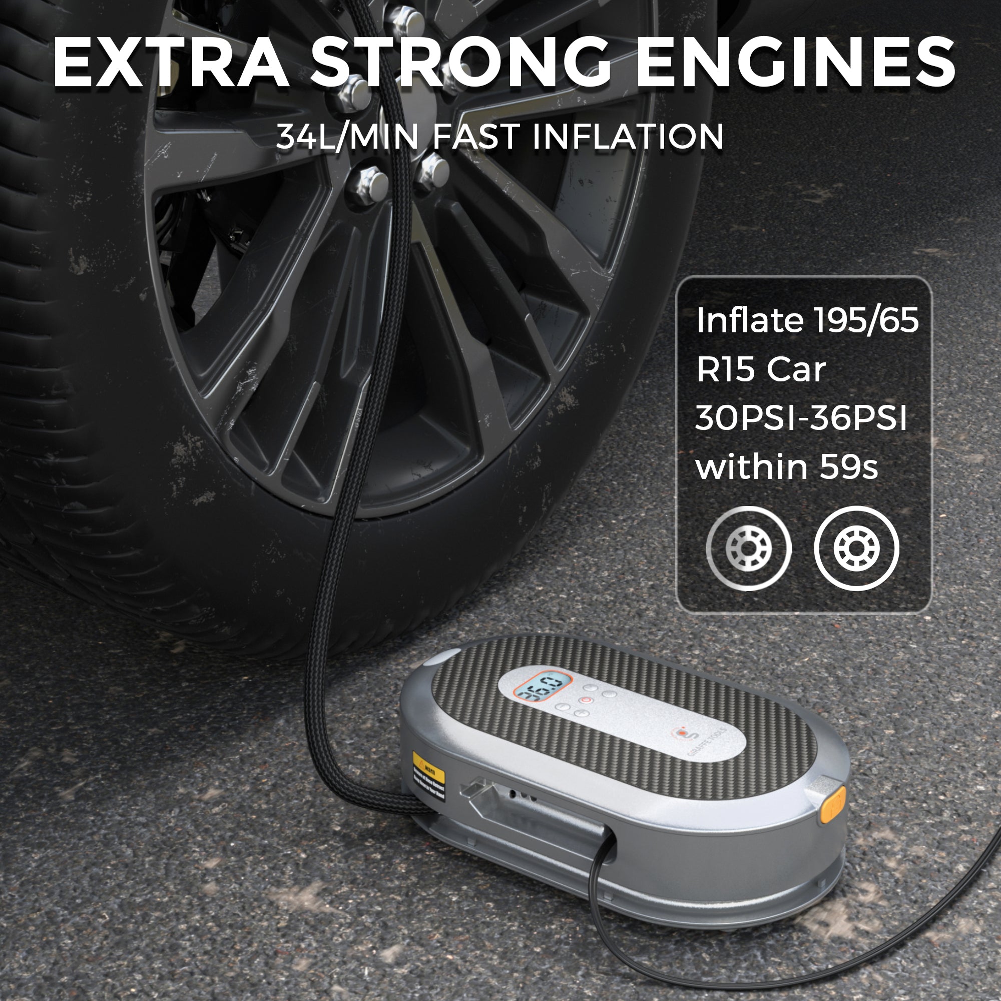 Car tire being inflated with a portable air compressor on a black surface.