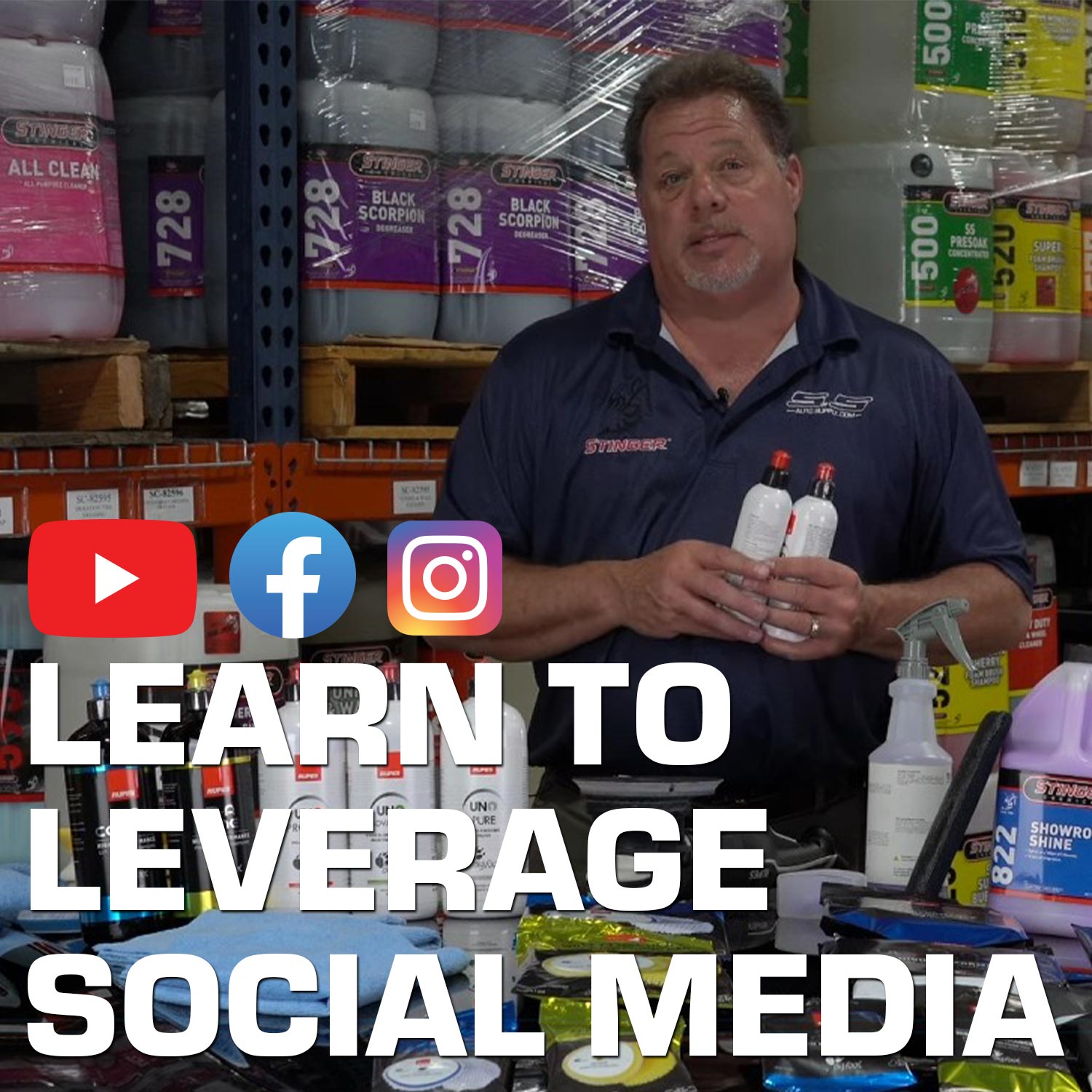 Man holding cleaning products in a store with text overlay about learning to leverage social media.