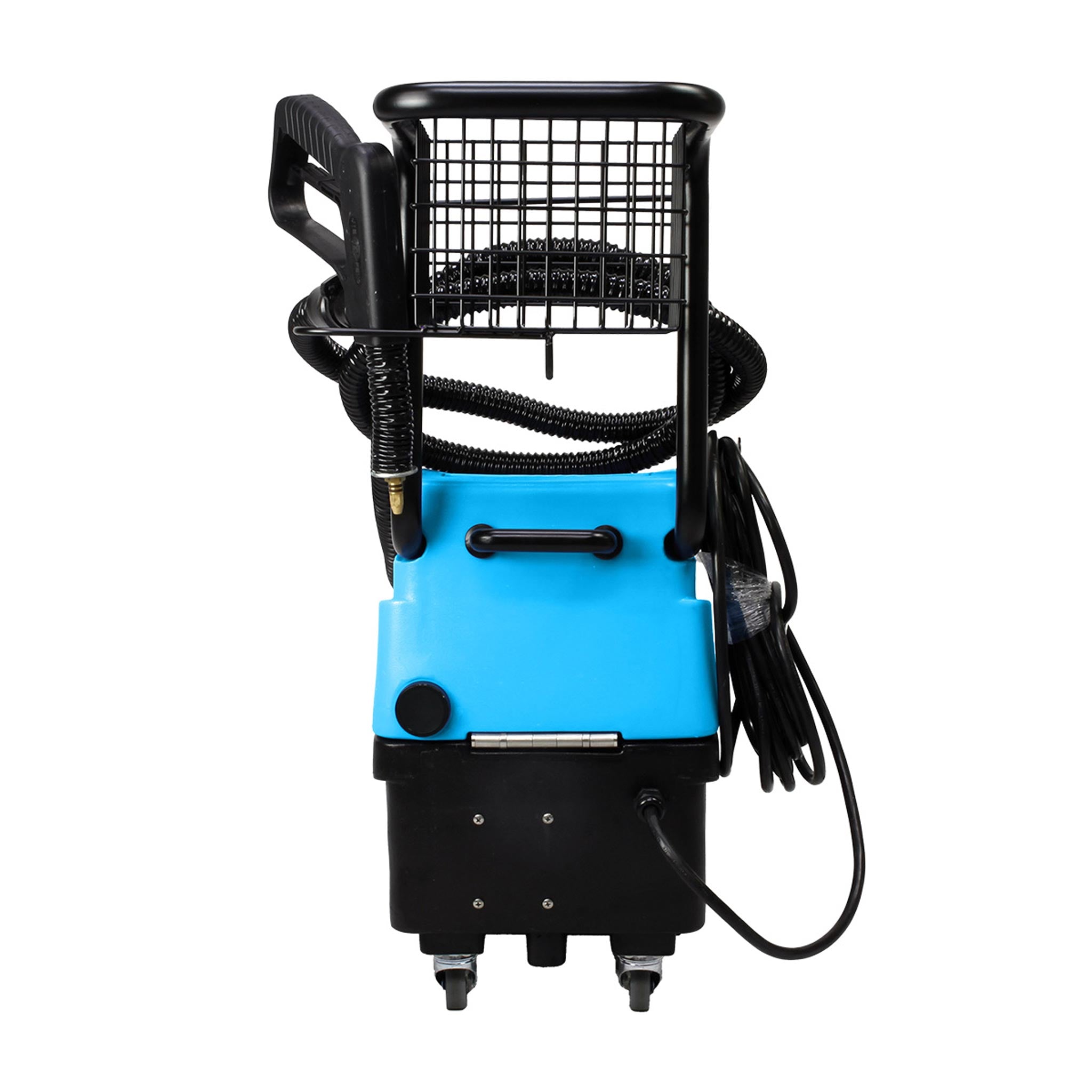 Blue and black steamer with hose on a white background