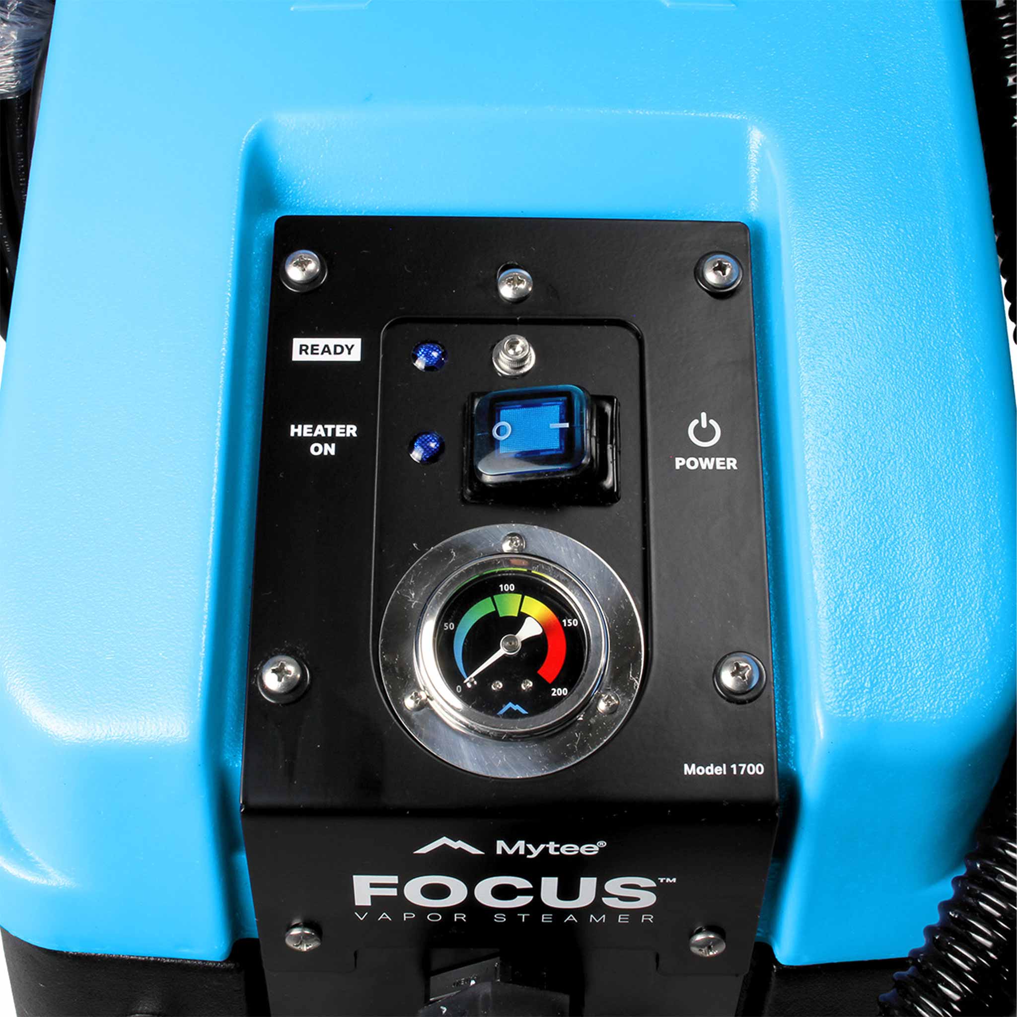 Control panel of a Mytee Focus Vapor Steamer with blue casing