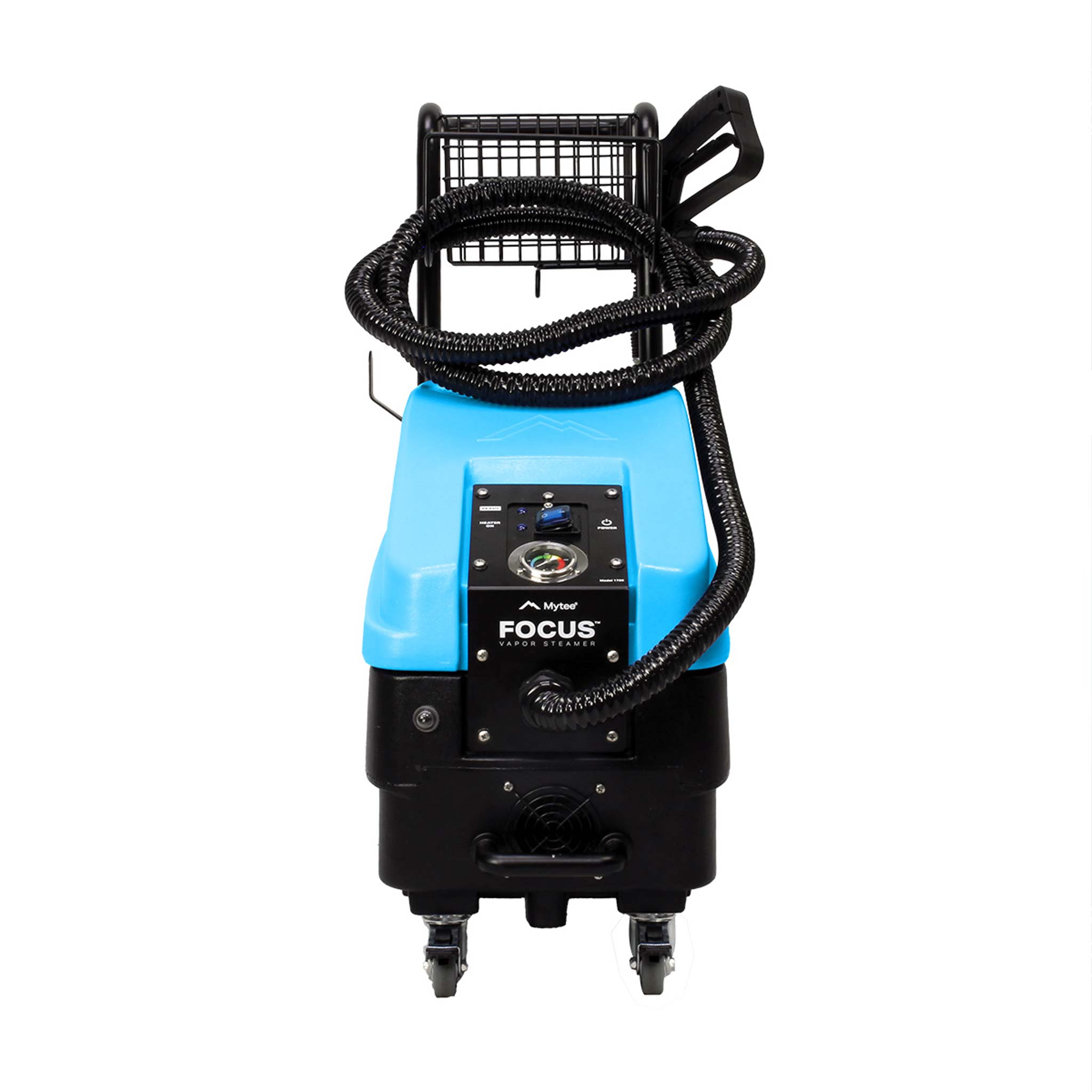 Blue and black Mytee 1700 Focus Vapor Steamer with hose on a white background