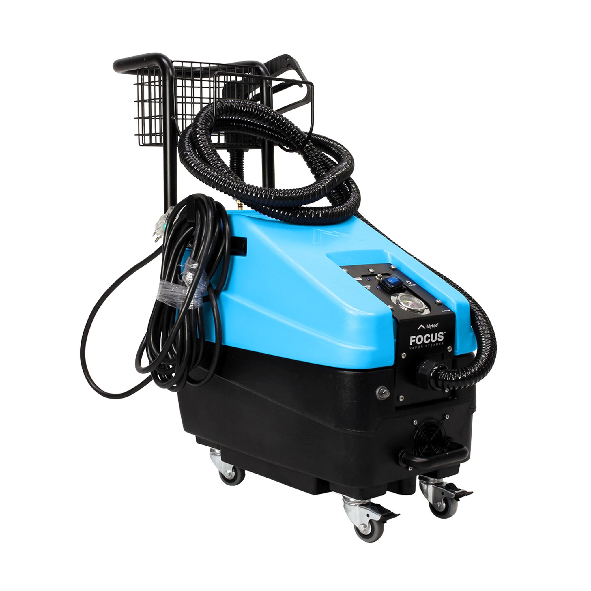 Blue and black industrial steam machine with hose on a white background