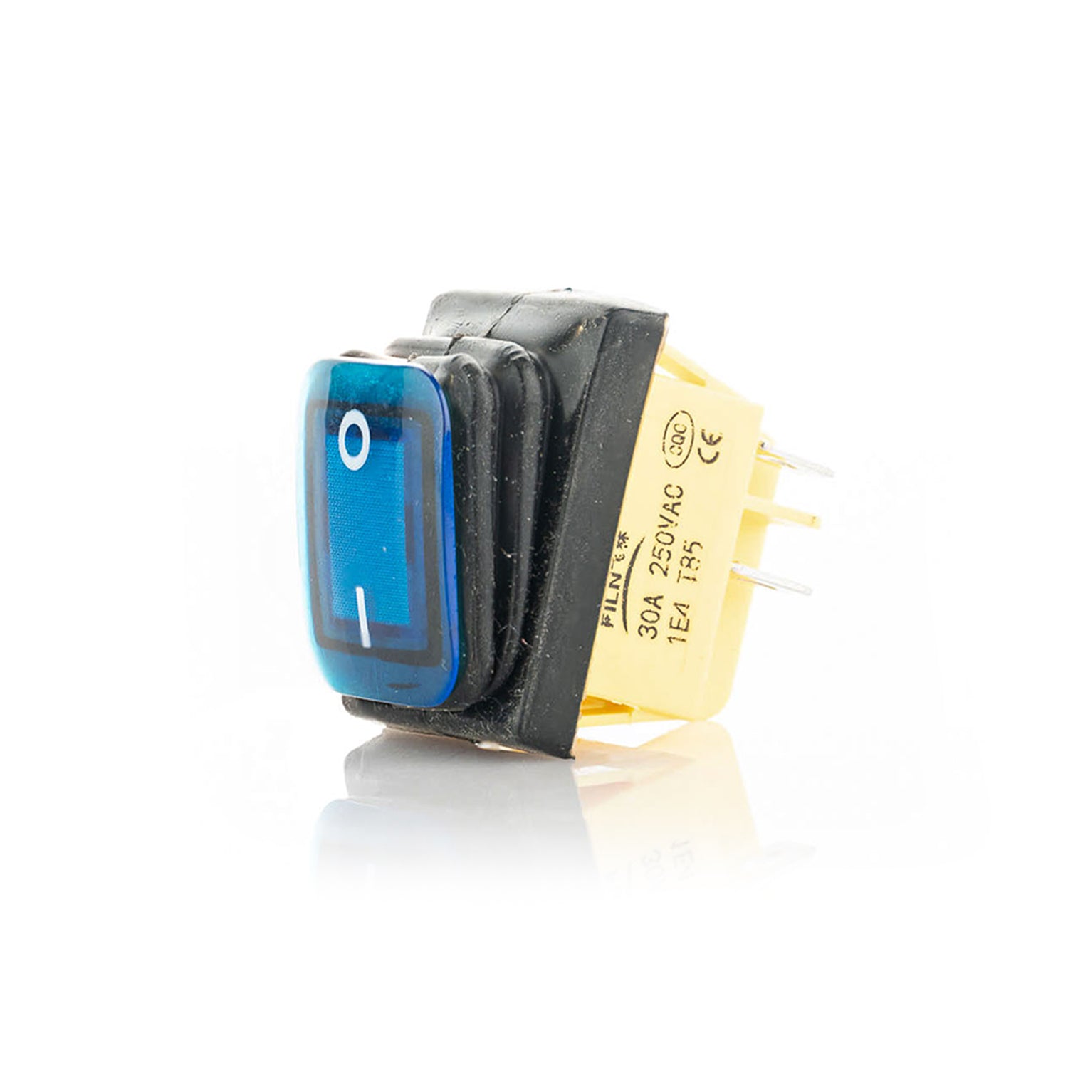 Rocker switch with blue illuminated indicator on a white background