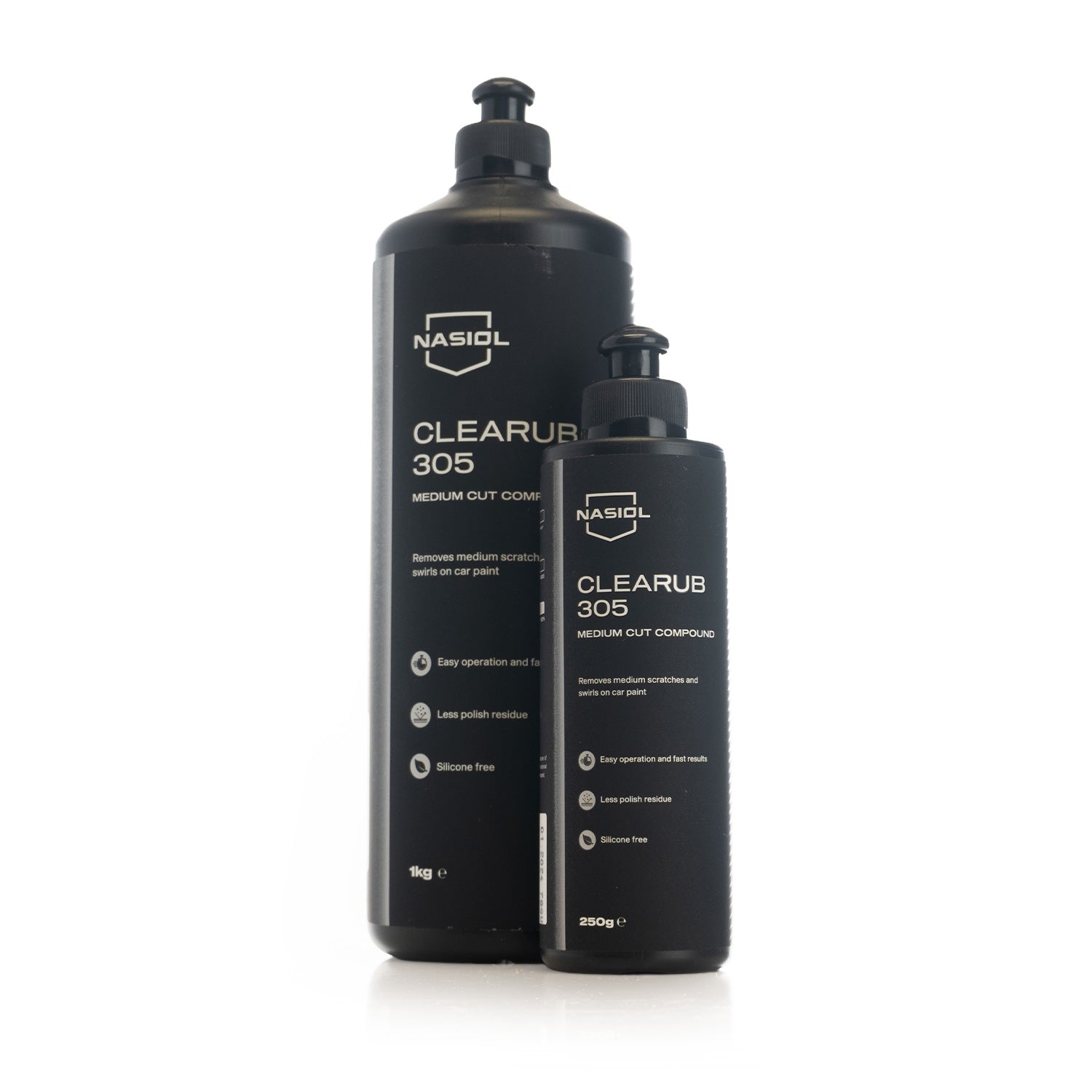 Two black bottles of Nasiol Clearub 305 on a white background