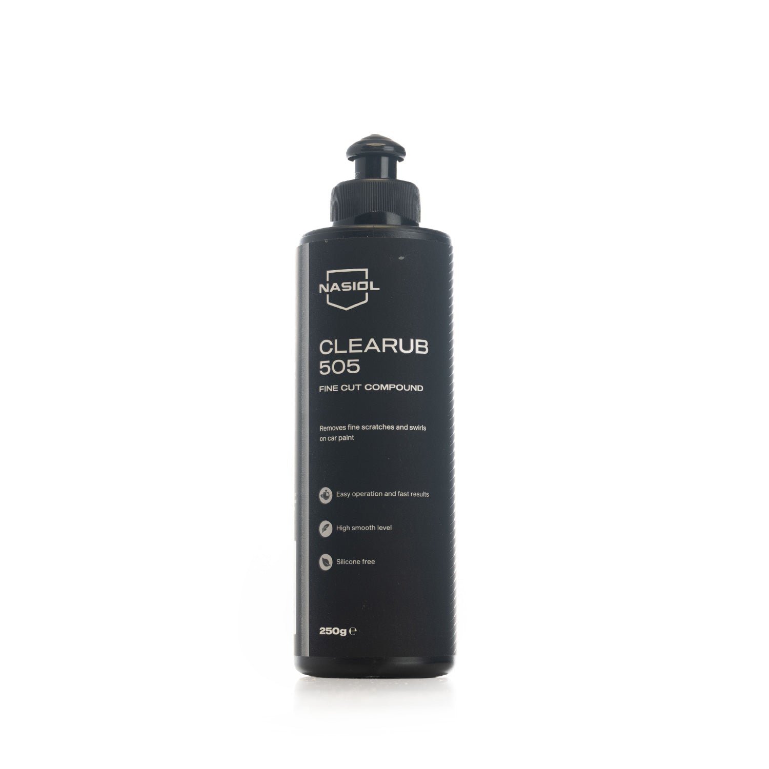 Small Black bottle of Nasiol Clearub 505 on a white background