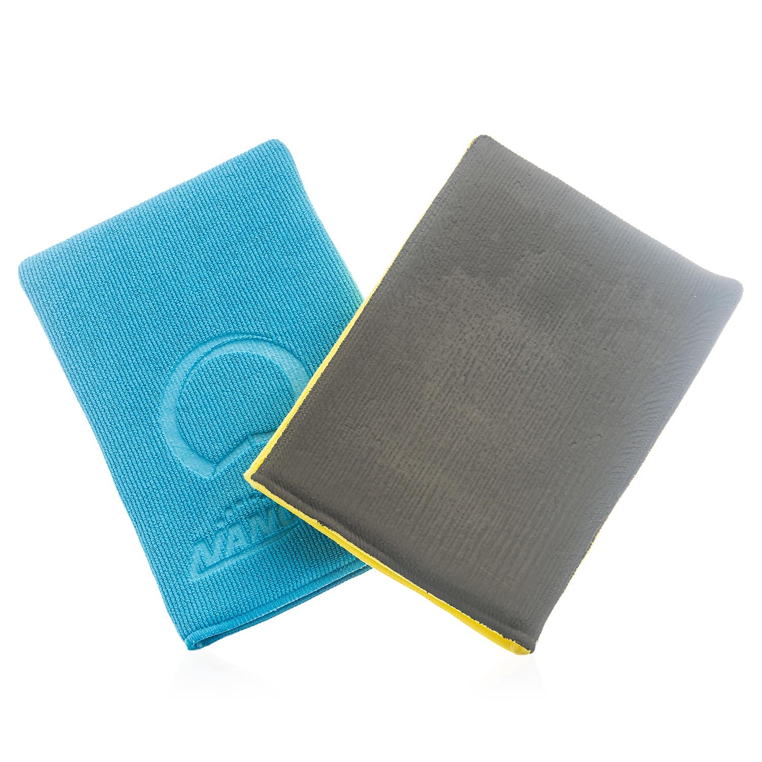 Two nanoskin clay mitts, one blue and one yellow, on a white background.