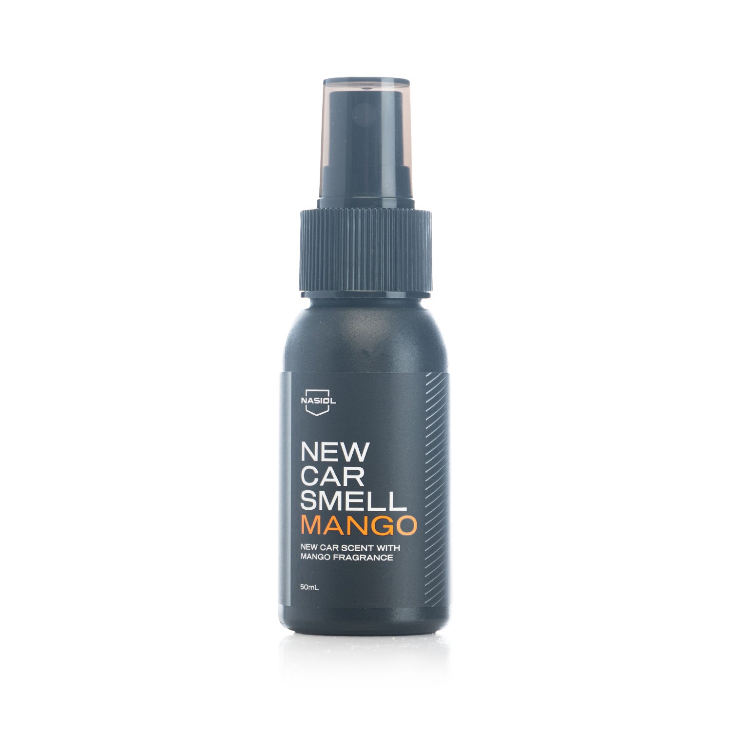 Bottle of 'Nasiol New Car Smell Mango' spray on a white background