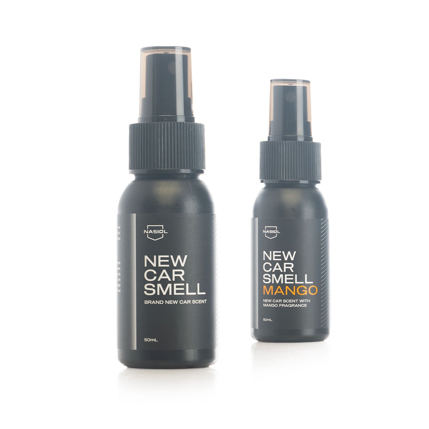 Two Nasiol spray bottles labeled 'New Car Smell' alternating on a white background