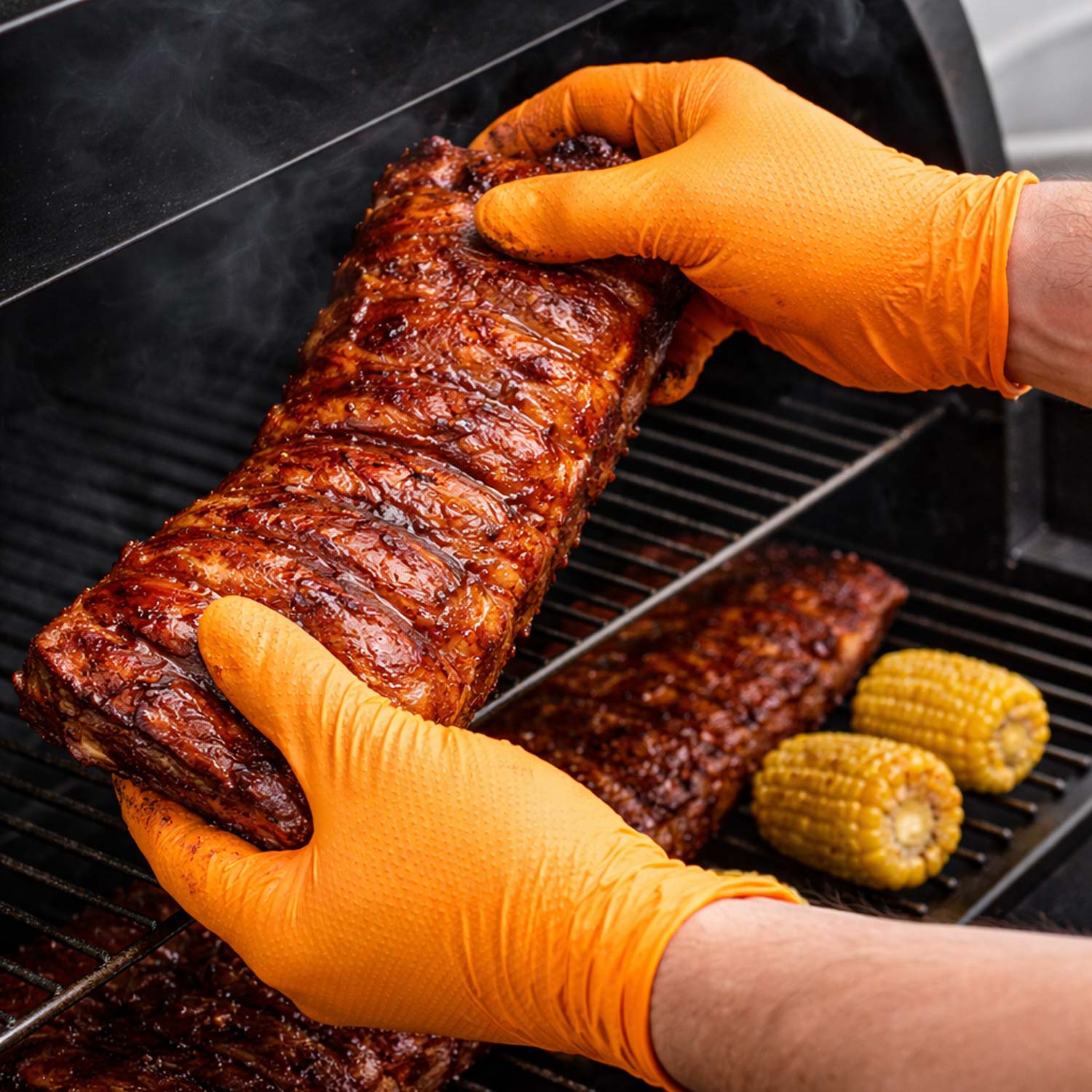 Person wearing orange gloves handling ribs on a grill with corn on the cob.