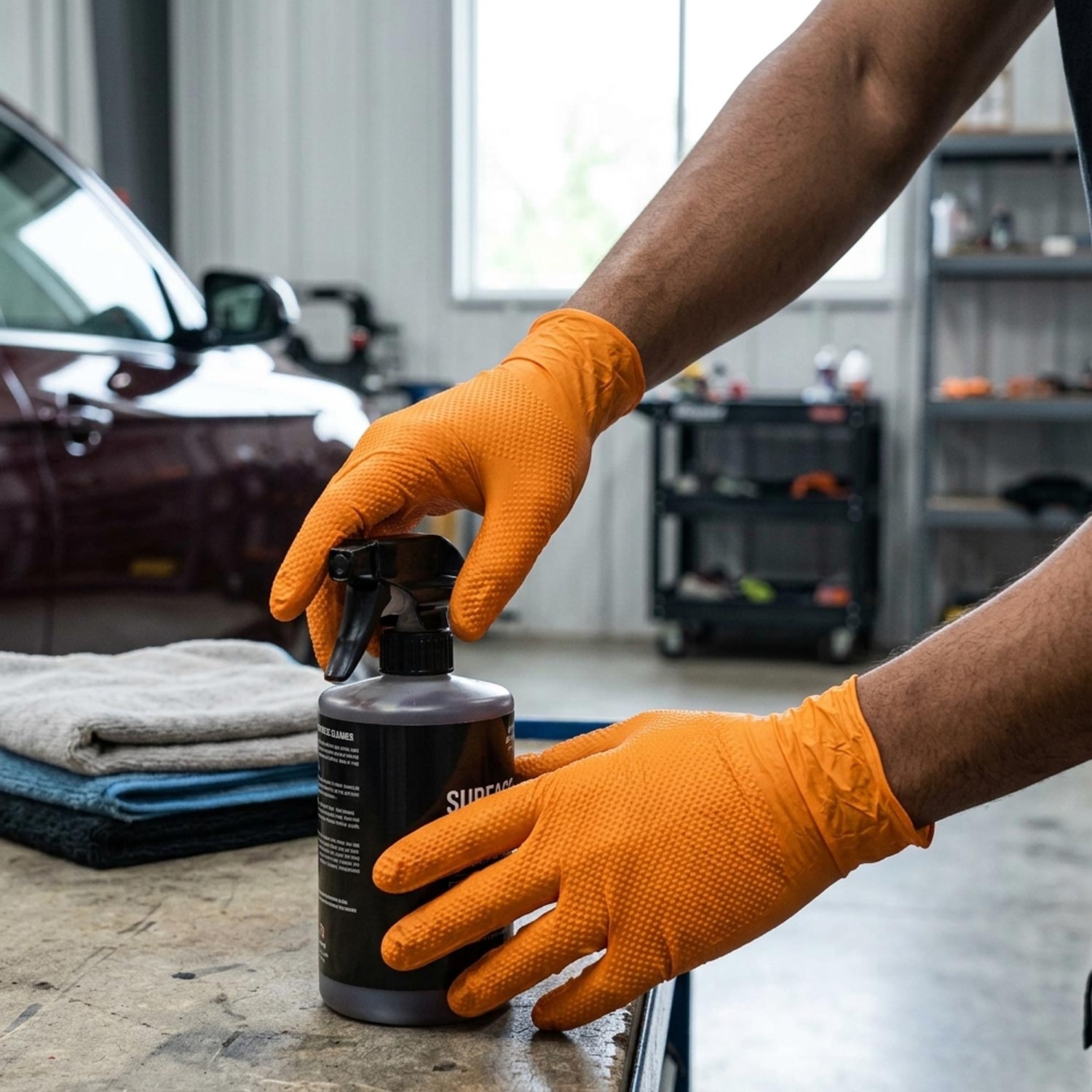 Person wearing orange gloves holding a spray bottle in a garage setting