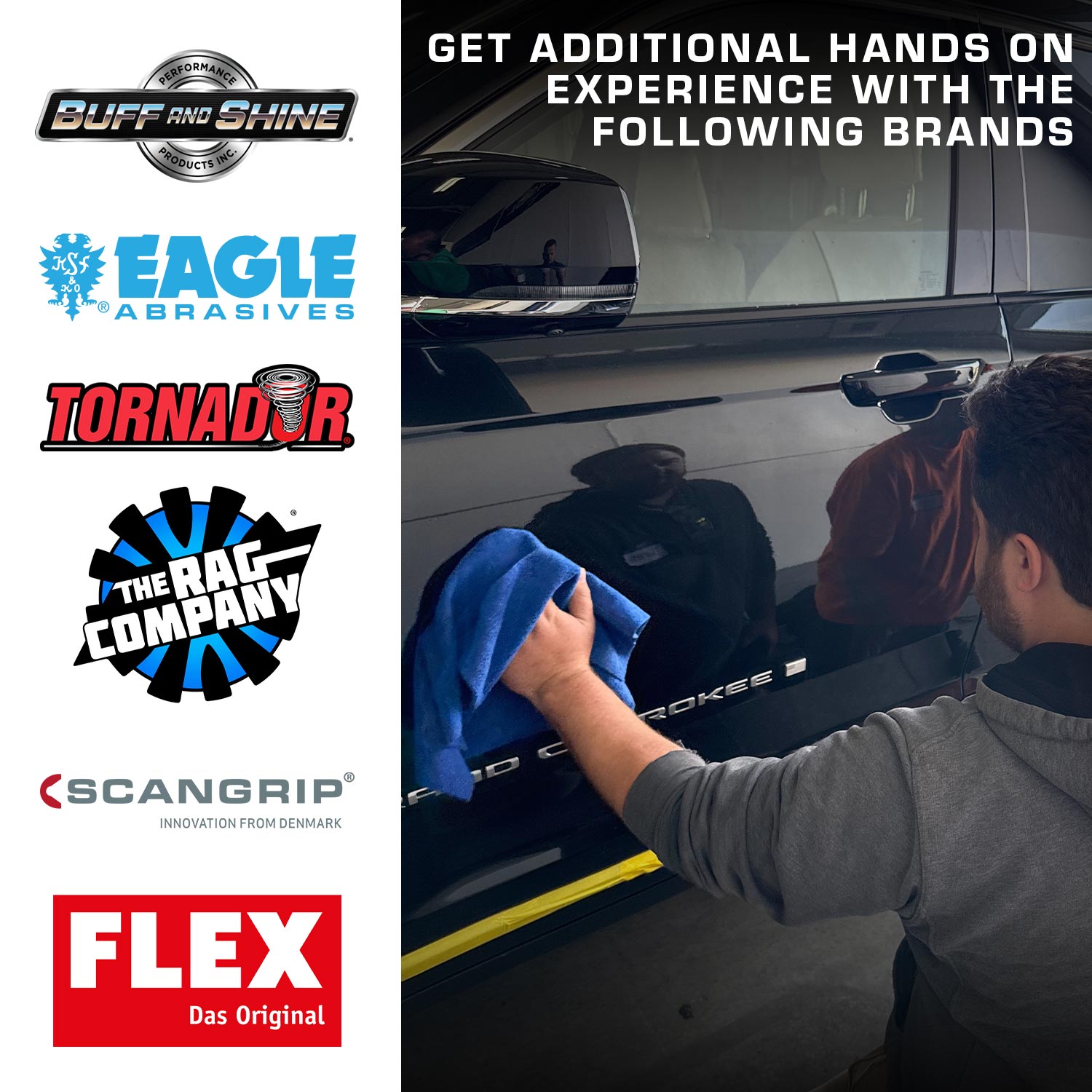 Promotional image with car detailing products and a person cleaning a car window, featuring brand logos on the left.