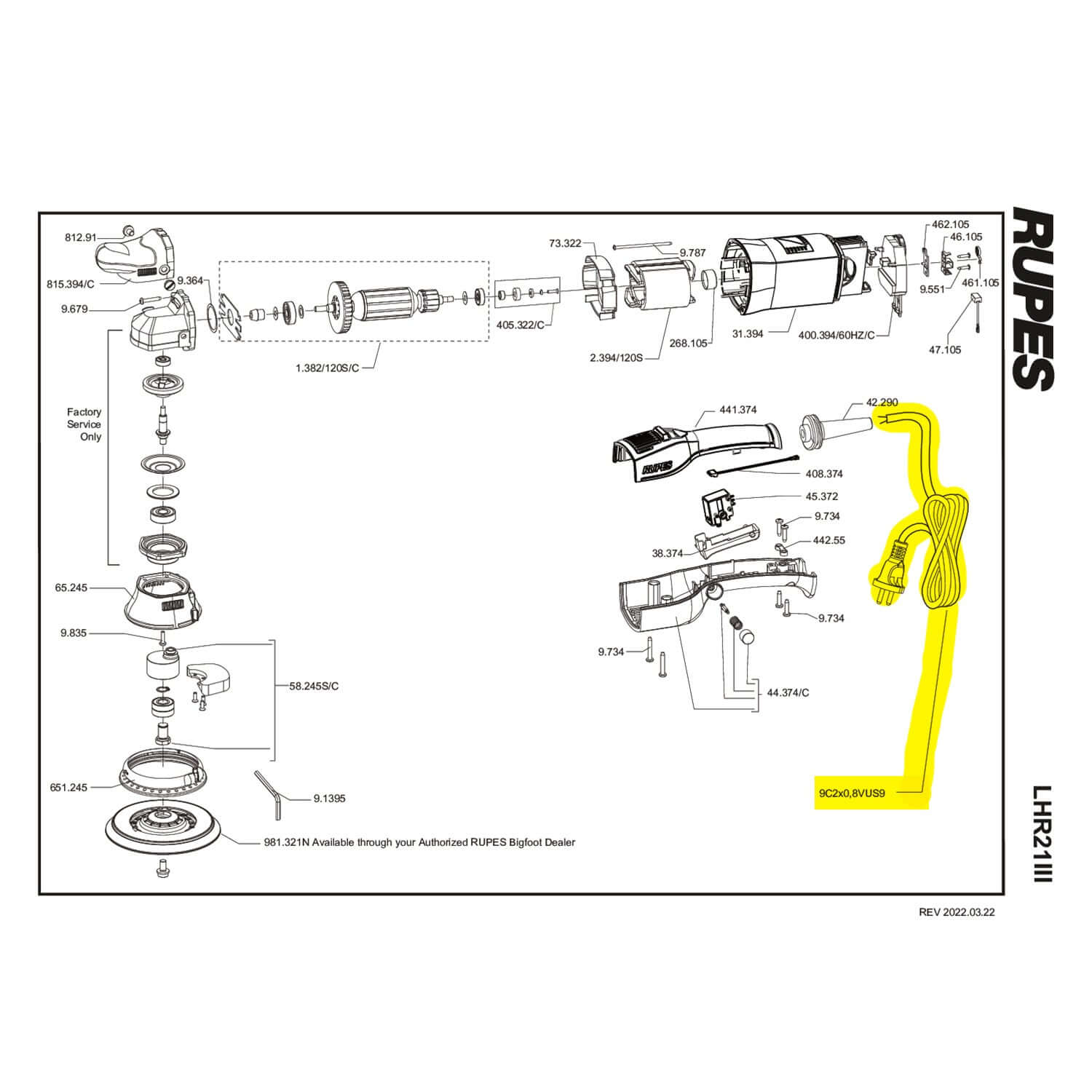 rupes 30-foot power cord for lhr21III part guide