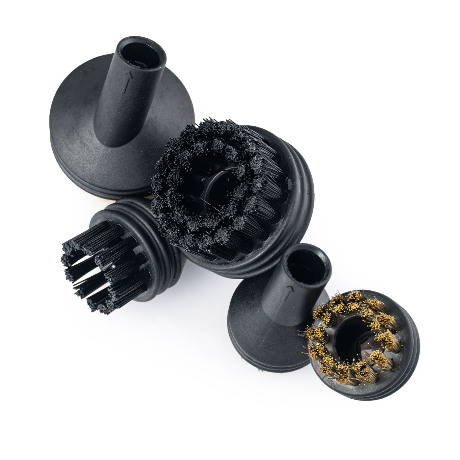 Set of black steamer brush attachments on a white background