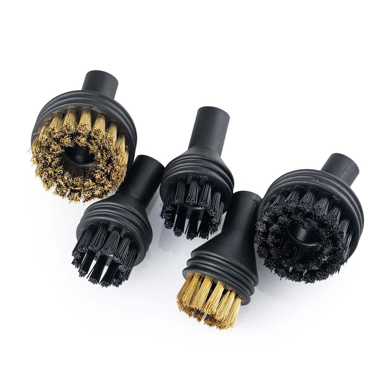 Set of five steamer brush attachments on a white background
