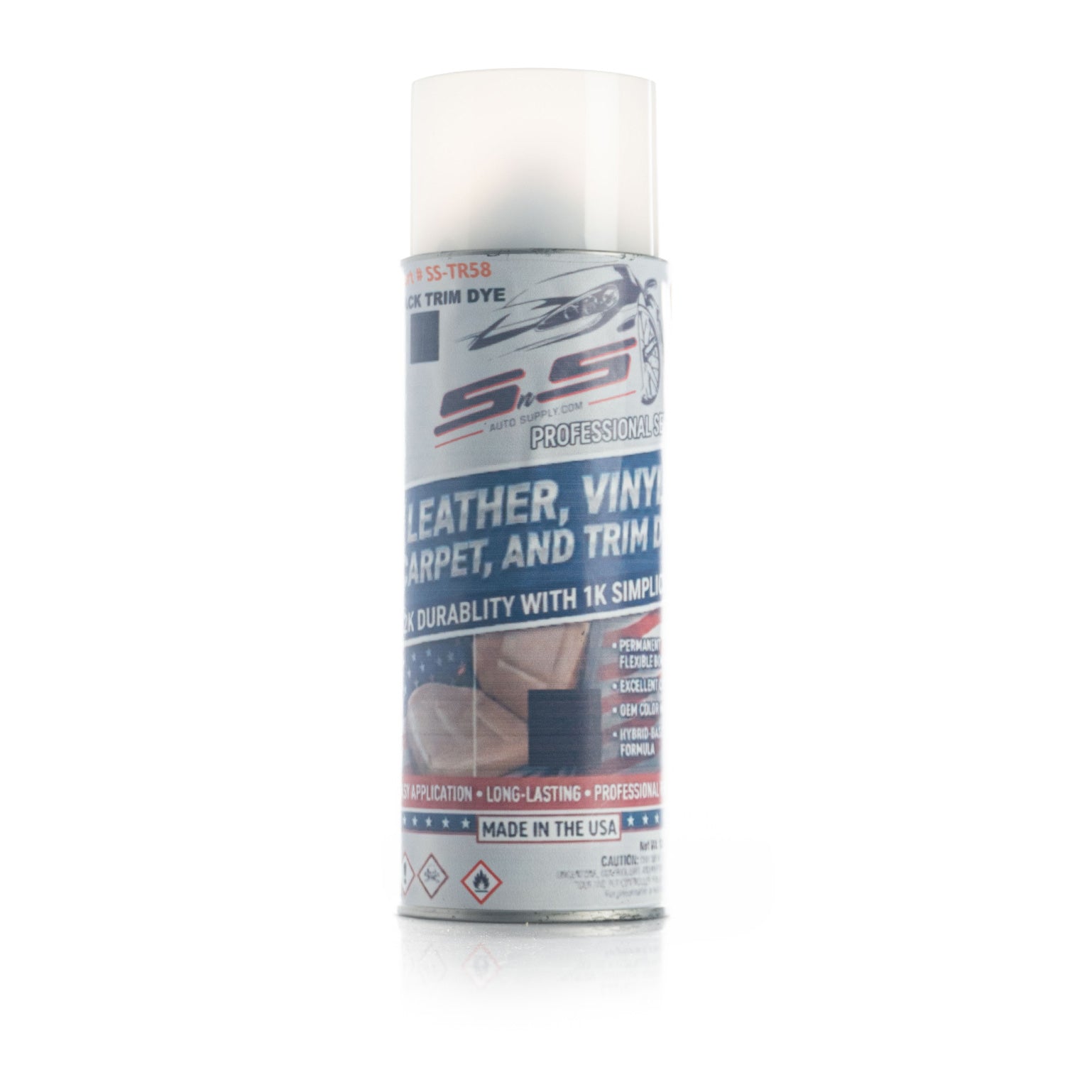 Can of SnS leather, vinyl, carpet, and trim dye on a white background