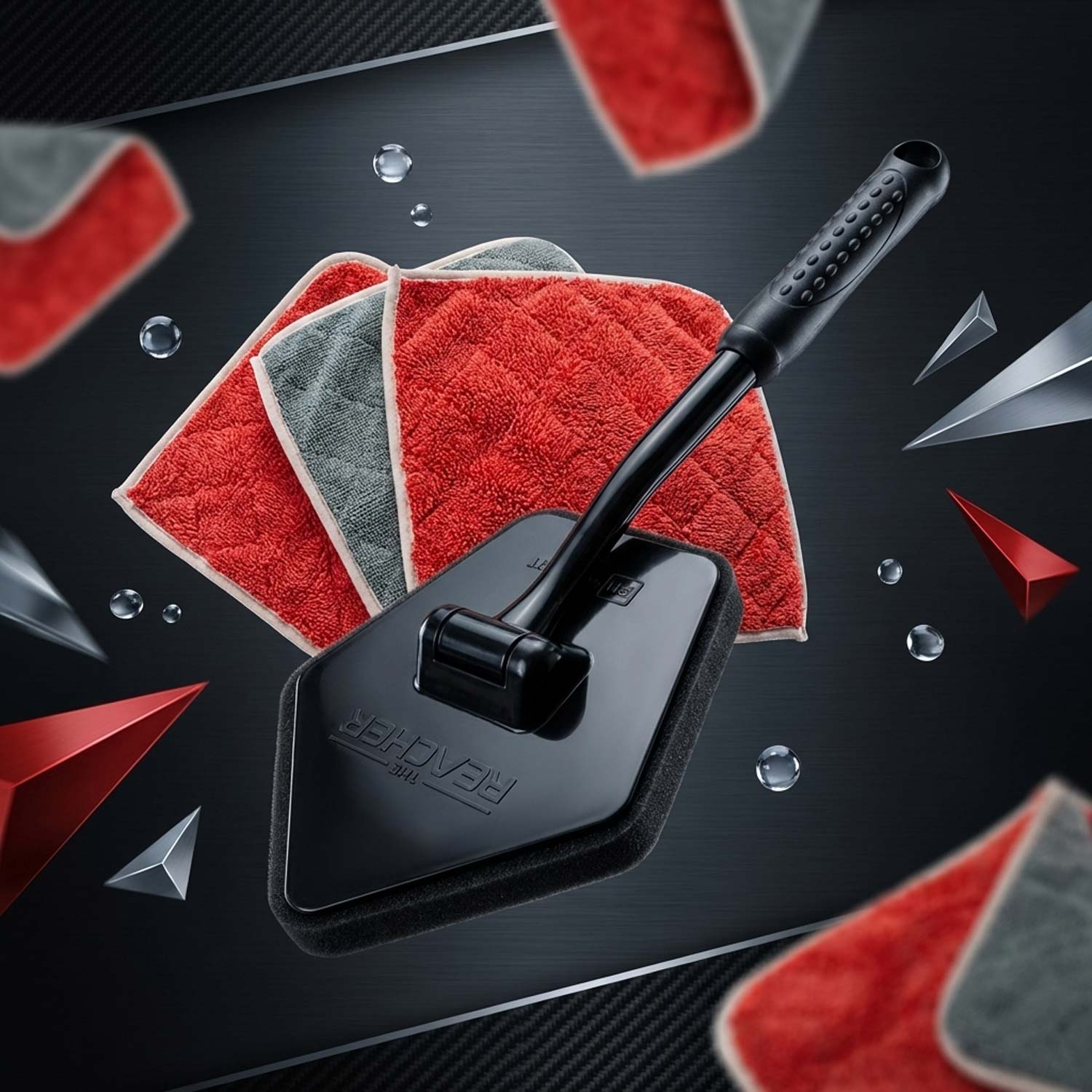 Car cleaning tool with red and gray cloths on a black background
