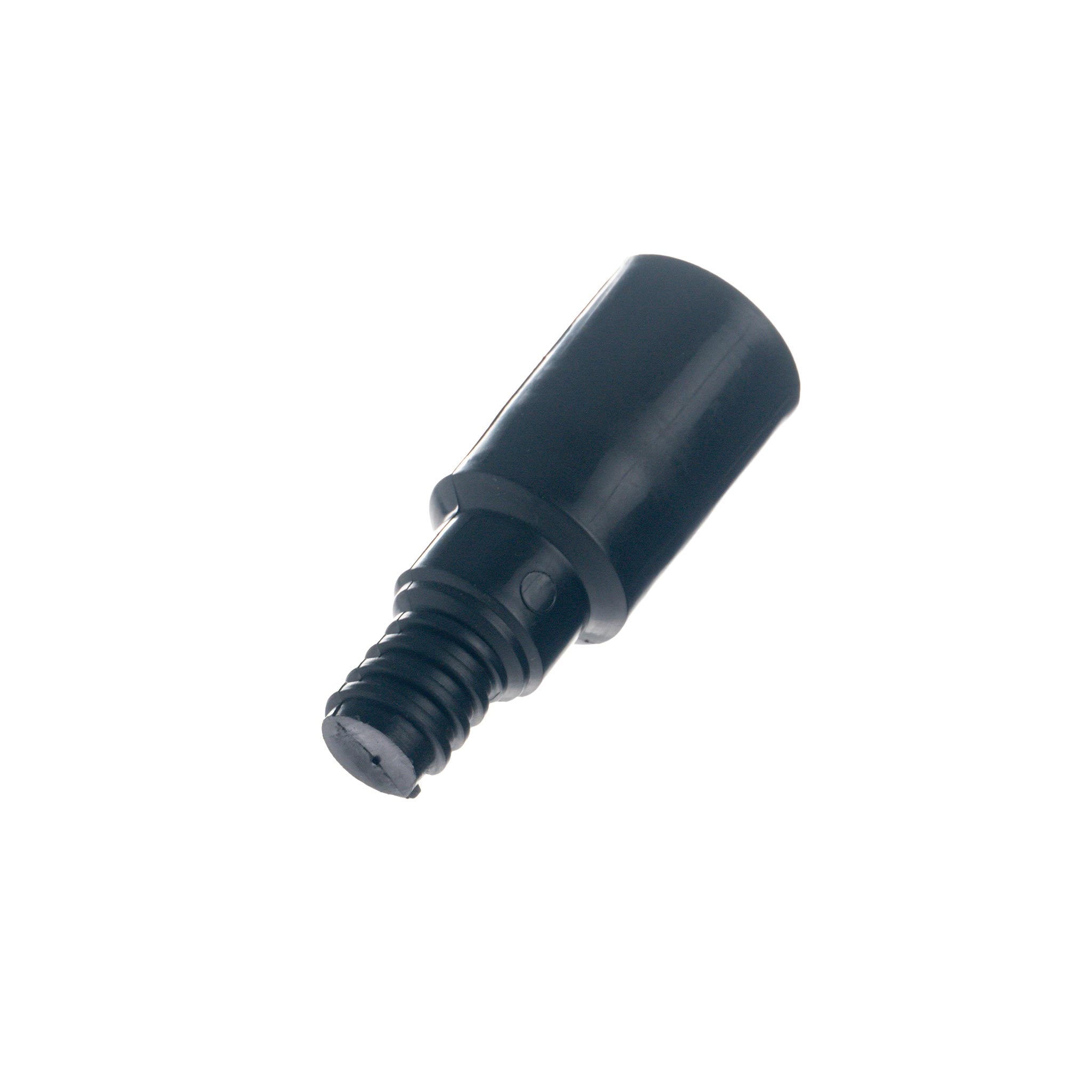 Black cylindrical threaded broom adapter on a white background