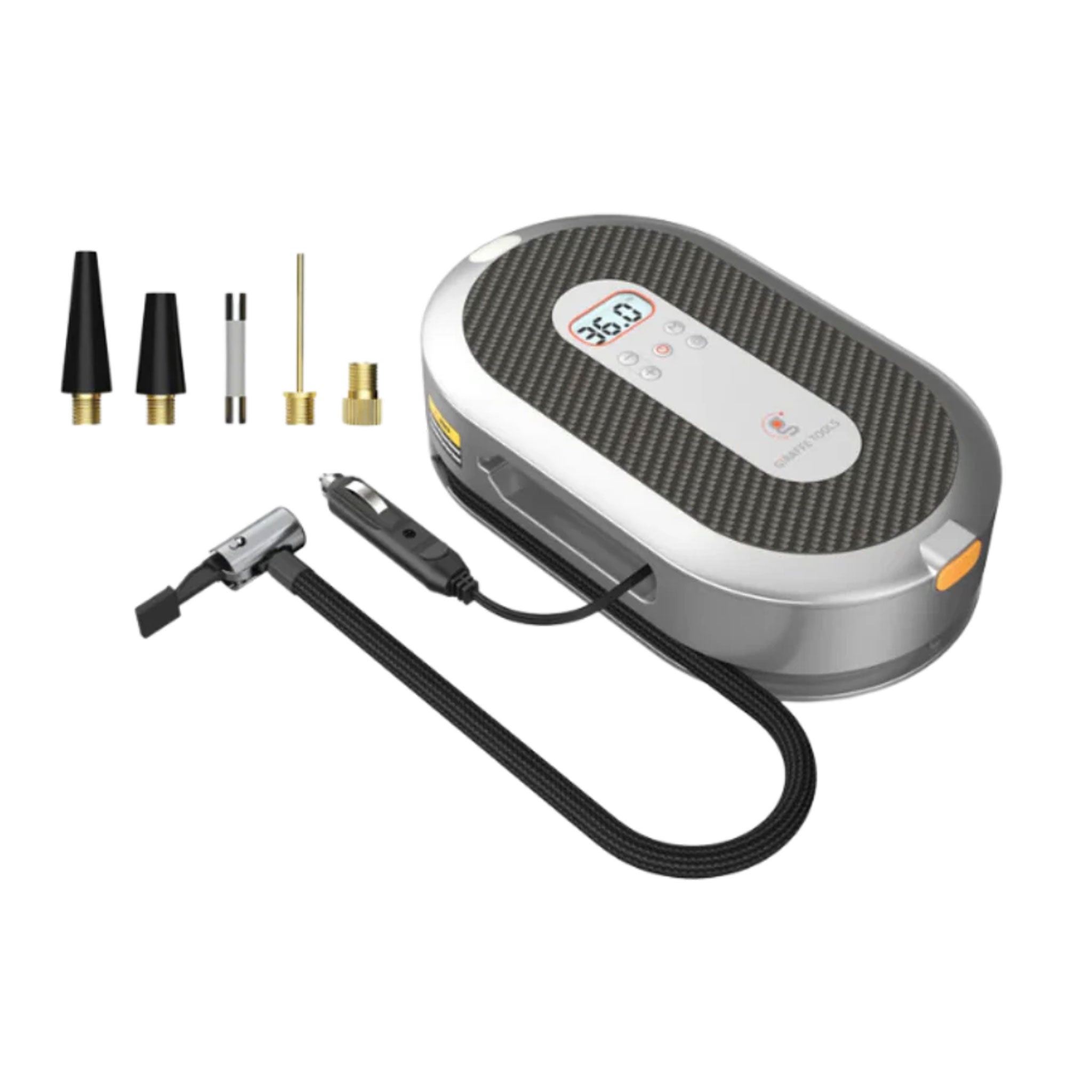 Portable air compressor with various nozzles on a white background