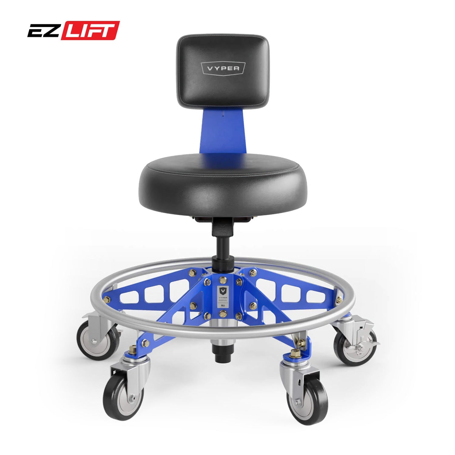 Stool with wheels and backrest on a white background, featuring the EZLIFT and VYPER branding.