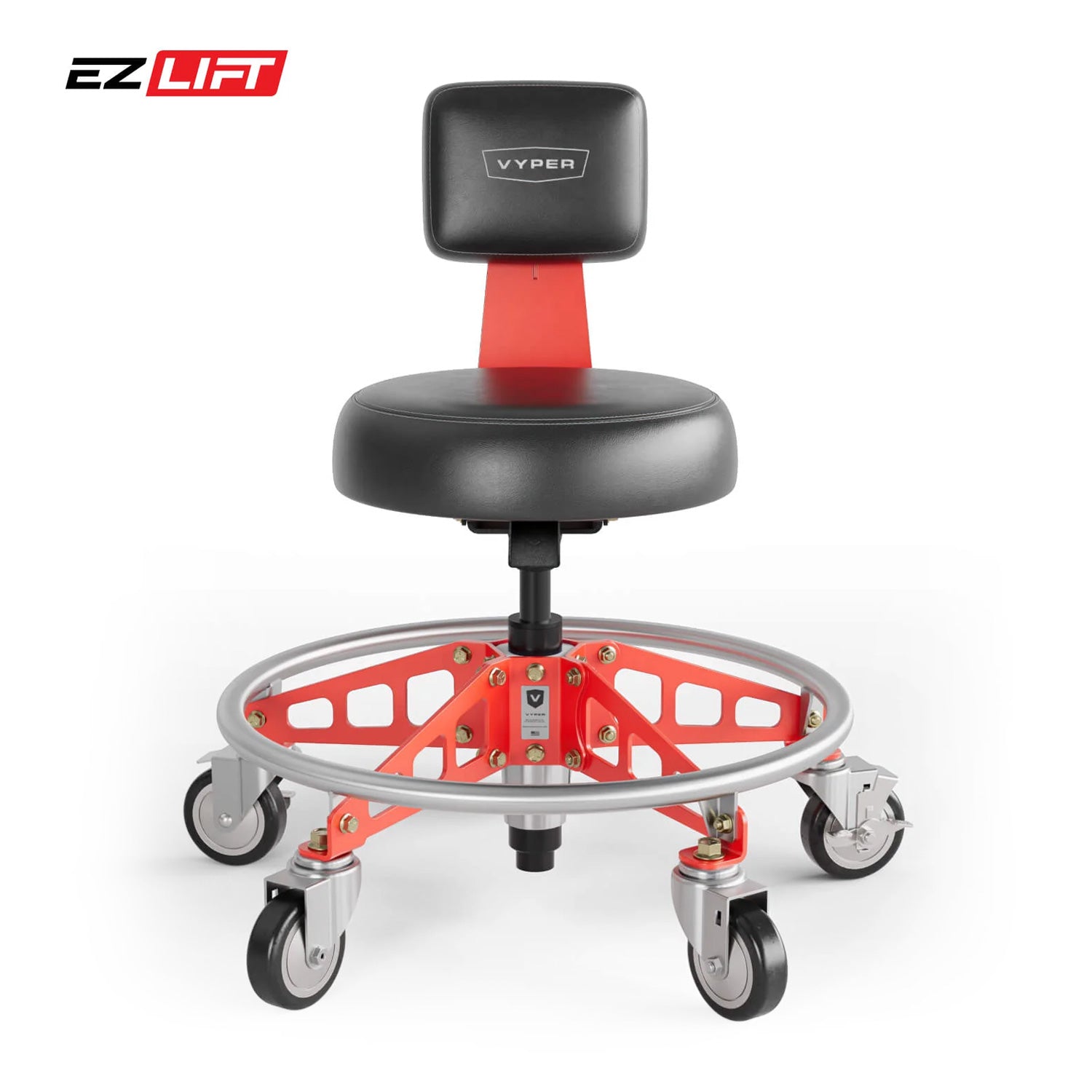 Red Stool with wheels and backrest on a white background, featuring the EZ Lift and Vyper brand logos.