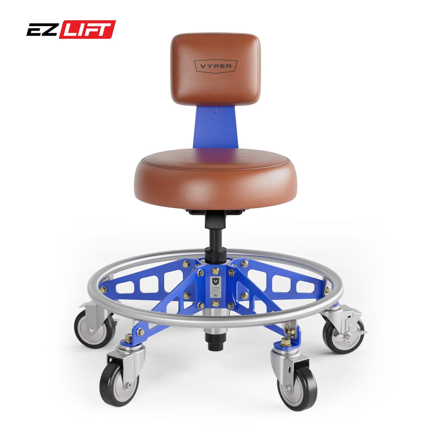 Adjustable blue chair with brown seat and backrest on a white background, featuring the EZ Lift and Vyper brand logos.