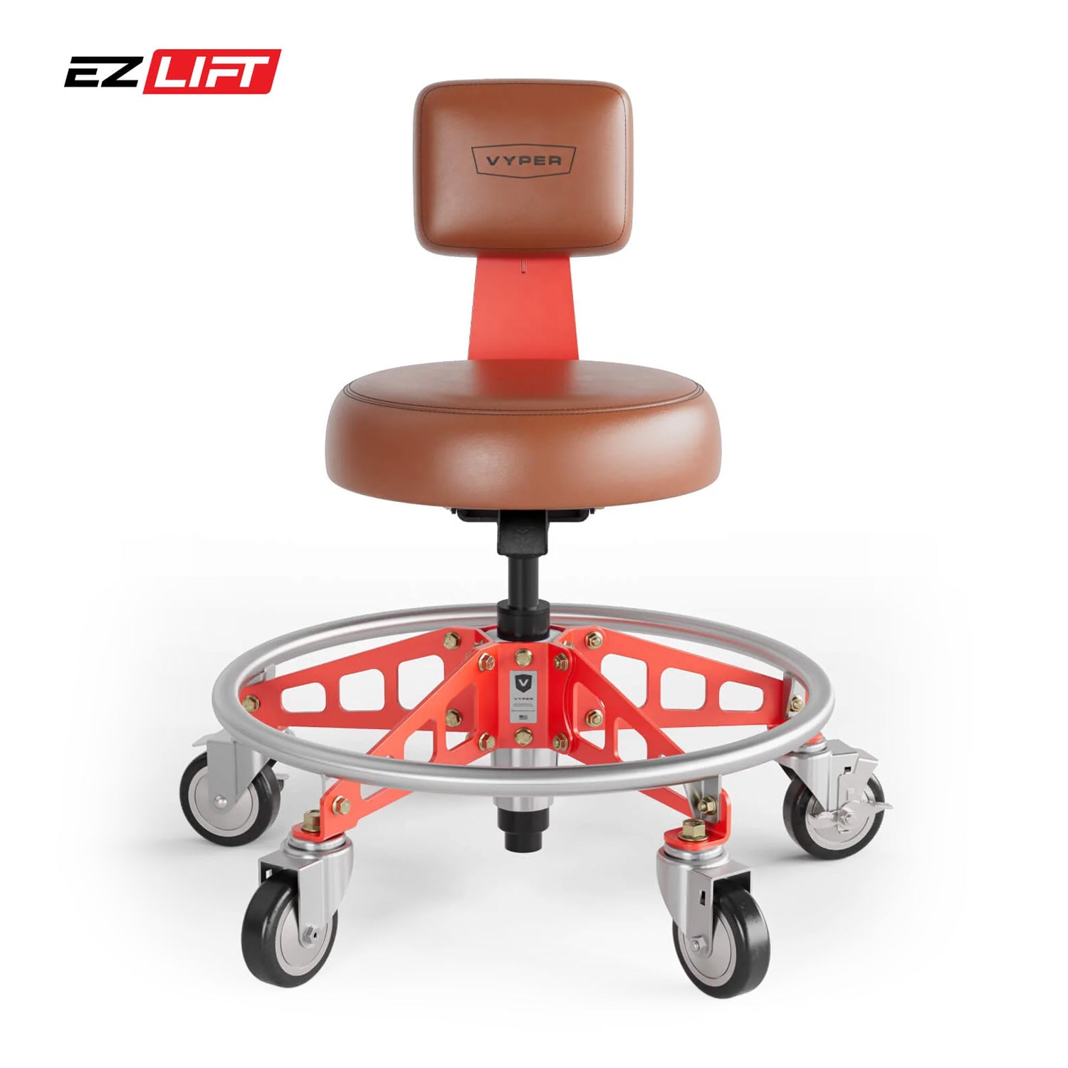 Brown and red stool with wheels on a white background, featuring the EZ Lift and Vyper brand logos.