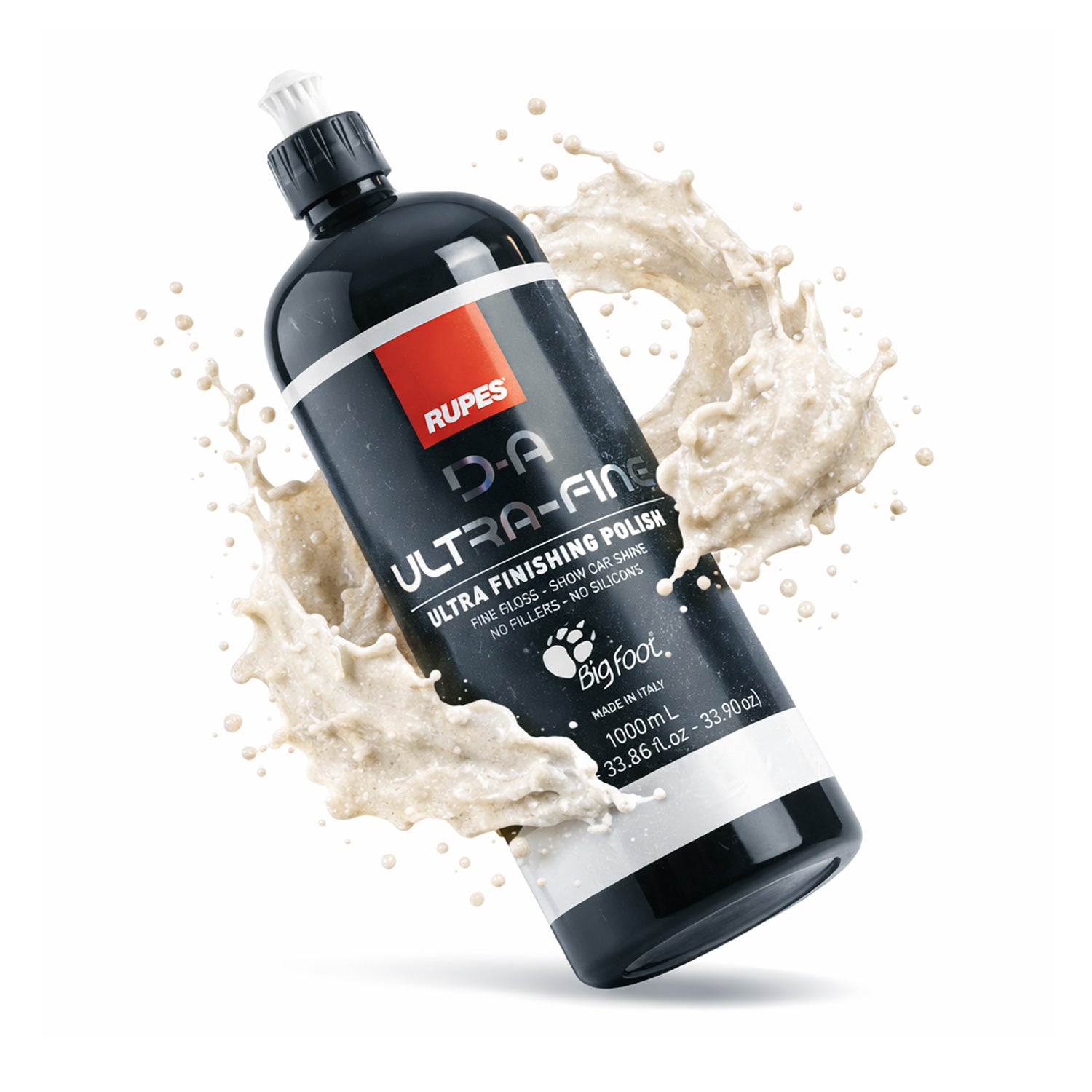 RUPES ultra-finishing polish bottle with a splash of cream on a white background