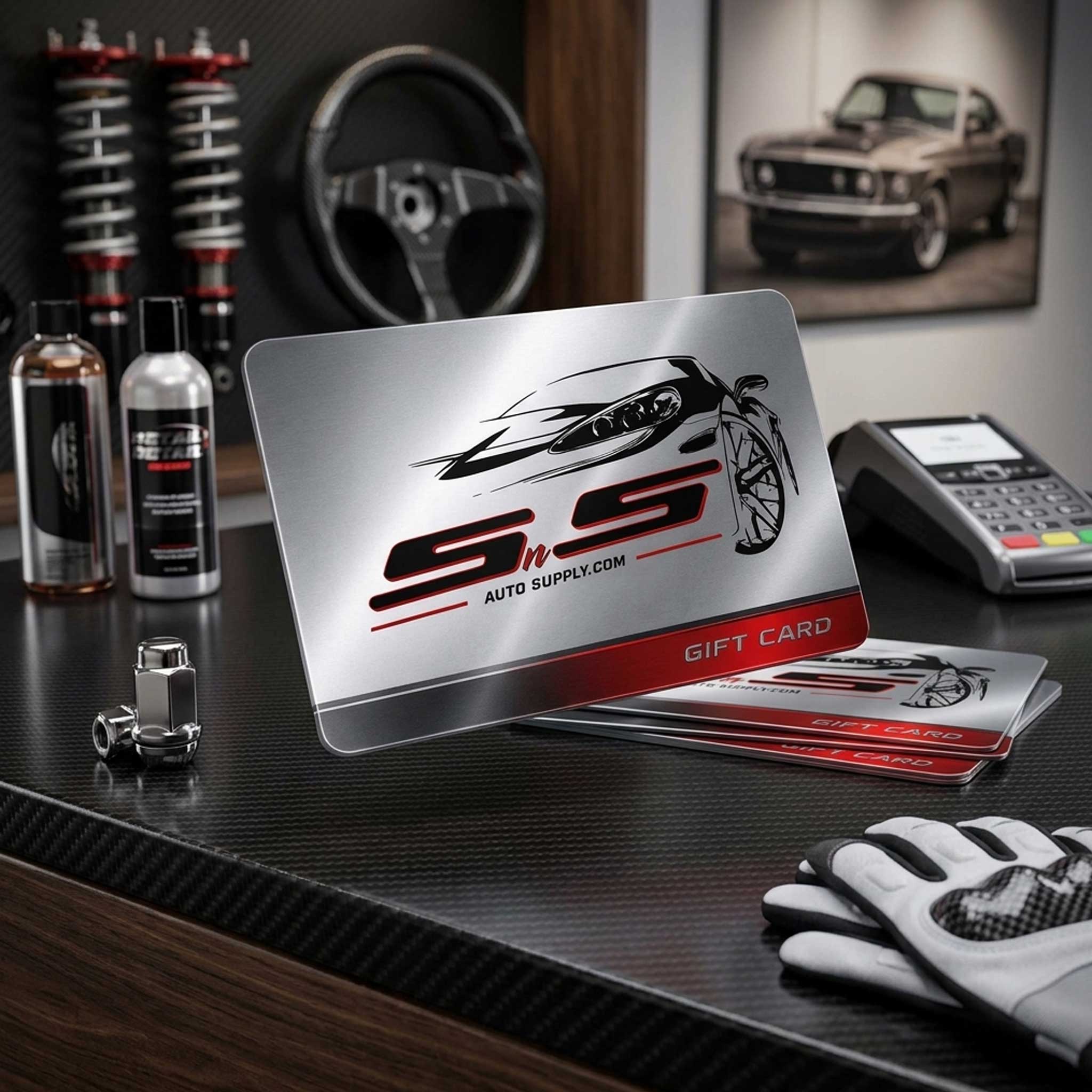 SNS Auto Supply floating gift card in an office setting