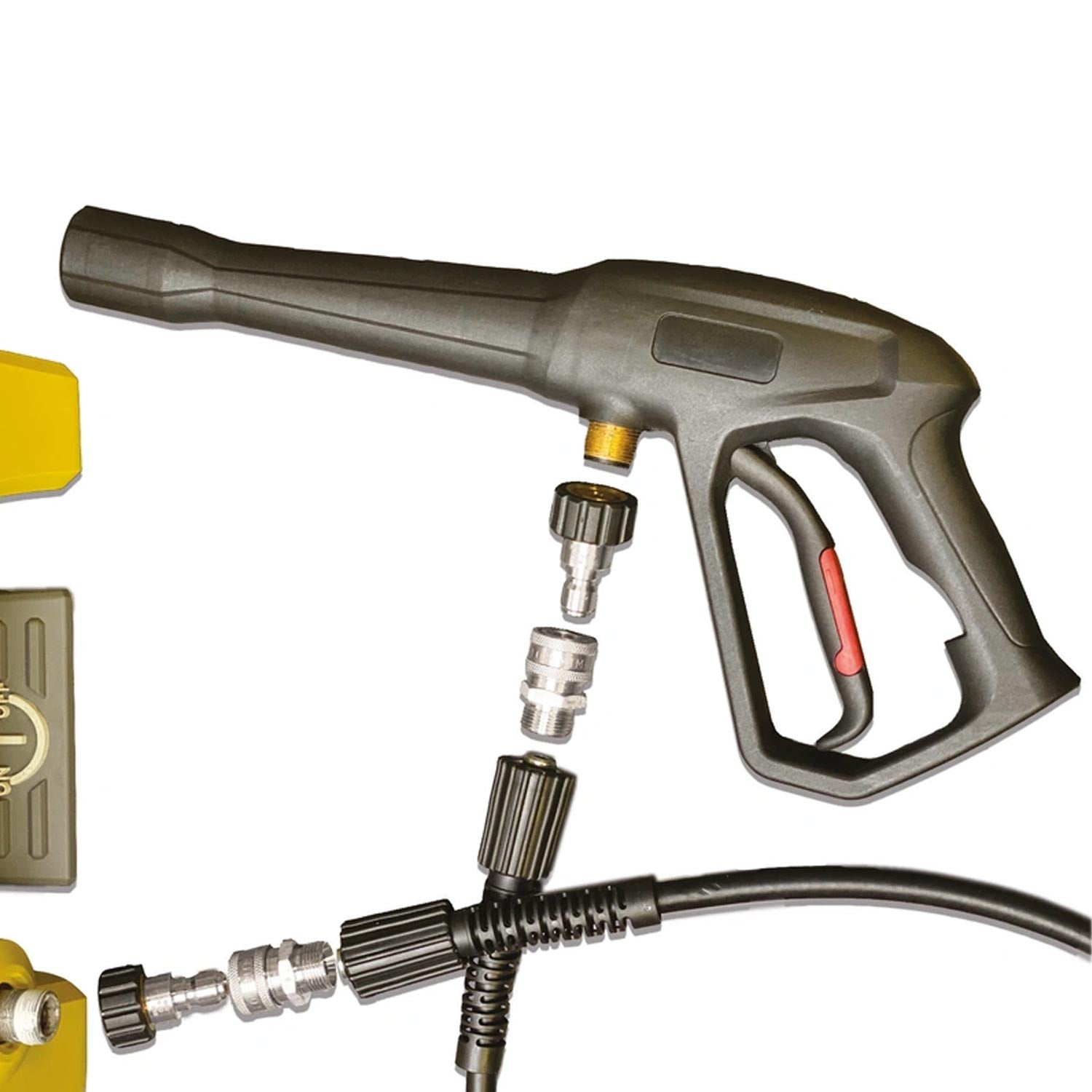 Pressure washer gun with various Stainless Steel pressure washer fittings on a white background