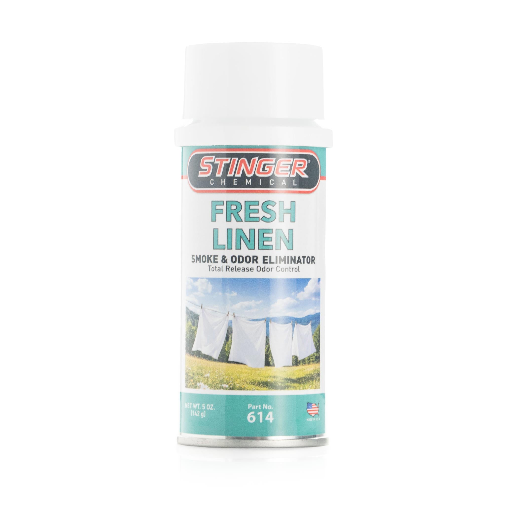 Stinger Fresh Linen Smoke & Odor Eliminator can on a white background