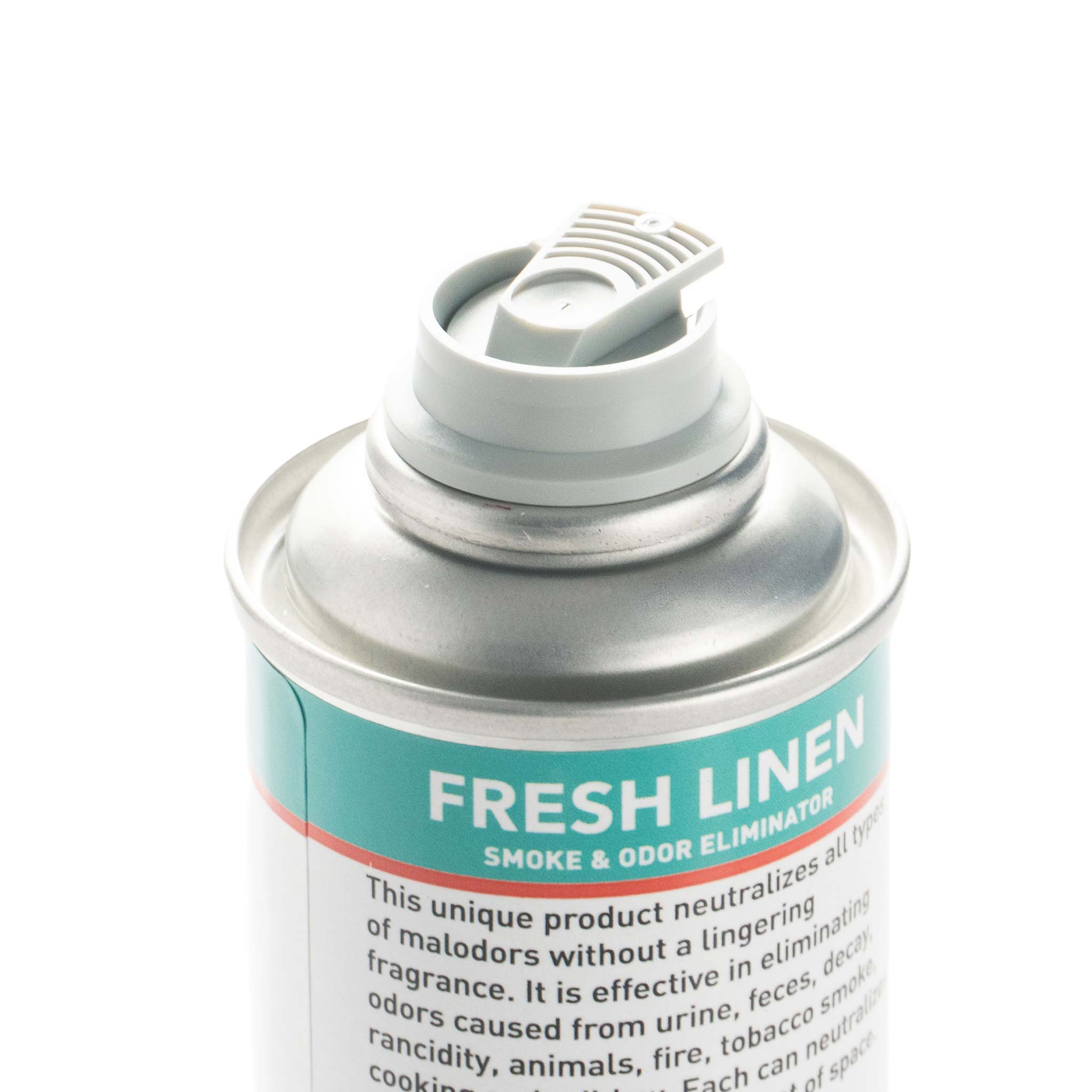Can of fresh linen smoke and odor eliminator on a white background