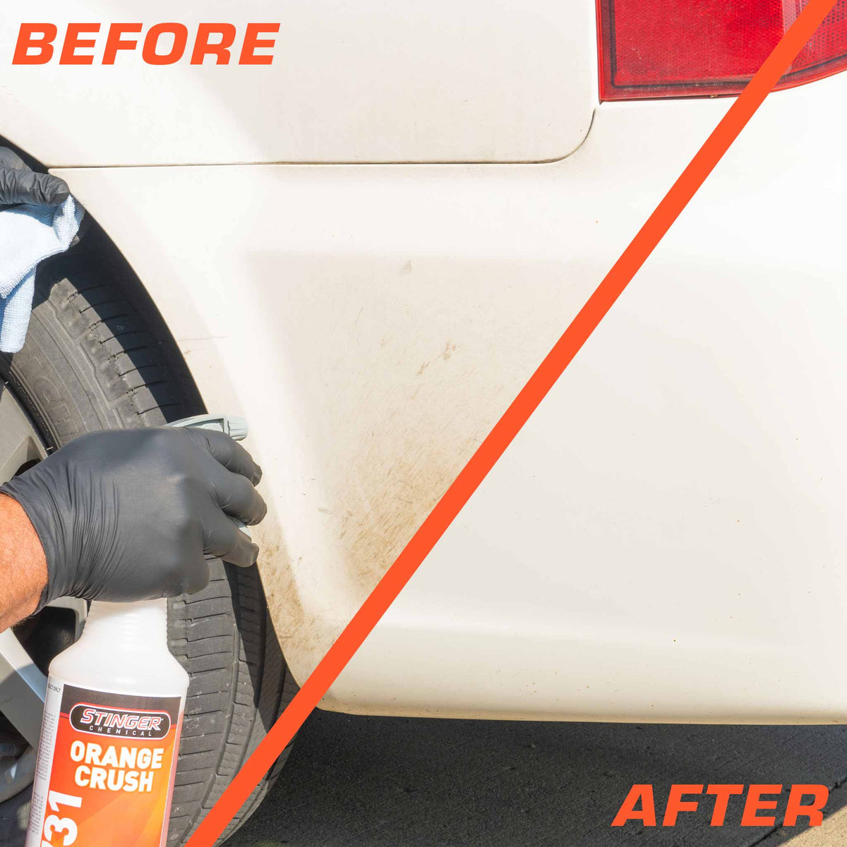 Stinger Chemical Orange Crush 731 before and after tar removal on a white rear quarter panel