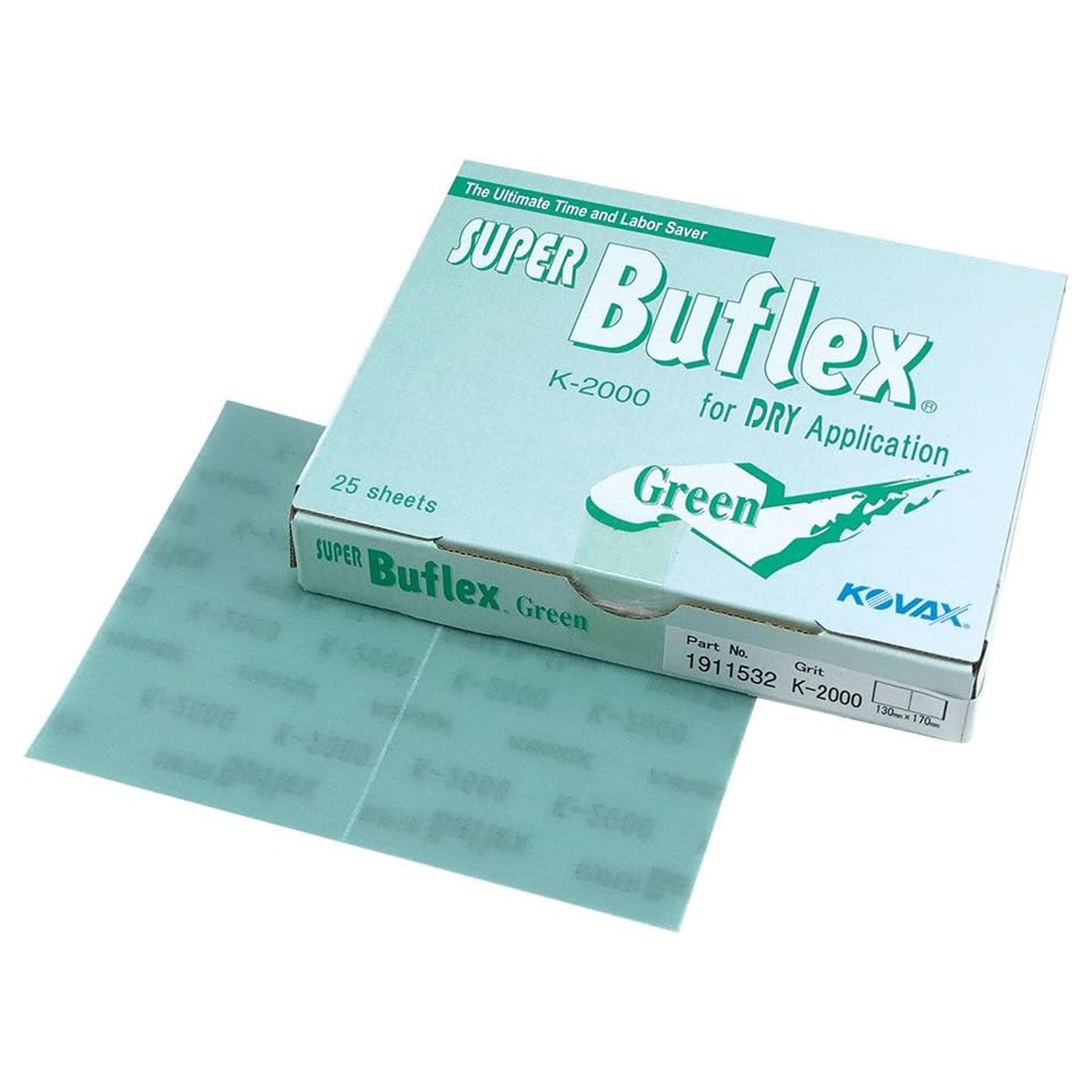 Box of K-2000 Green Super Buflex sandpaper with a single sheet on a white background