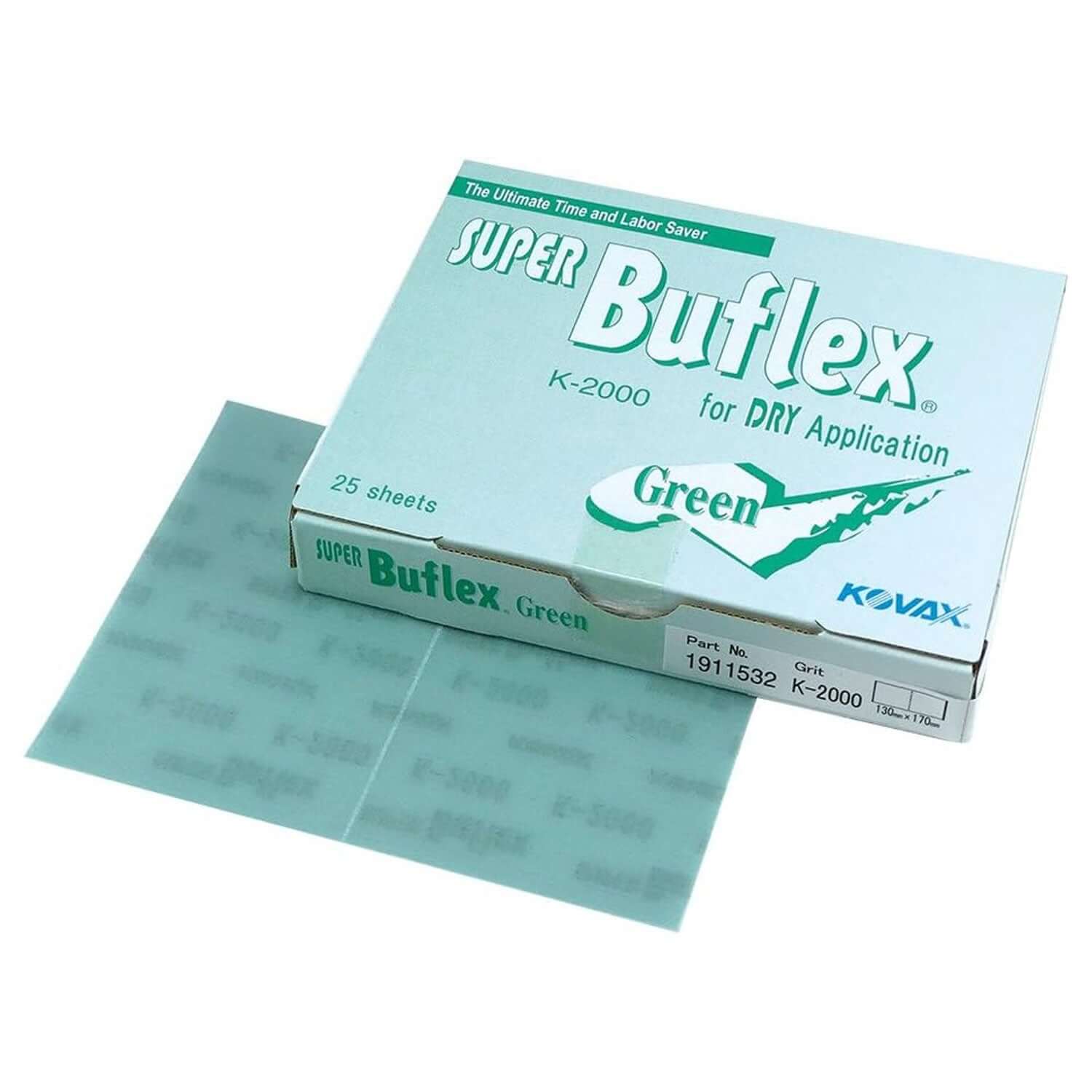 Box of K-2000 Green Super Buflex sandpaper with a single sheet on a white background