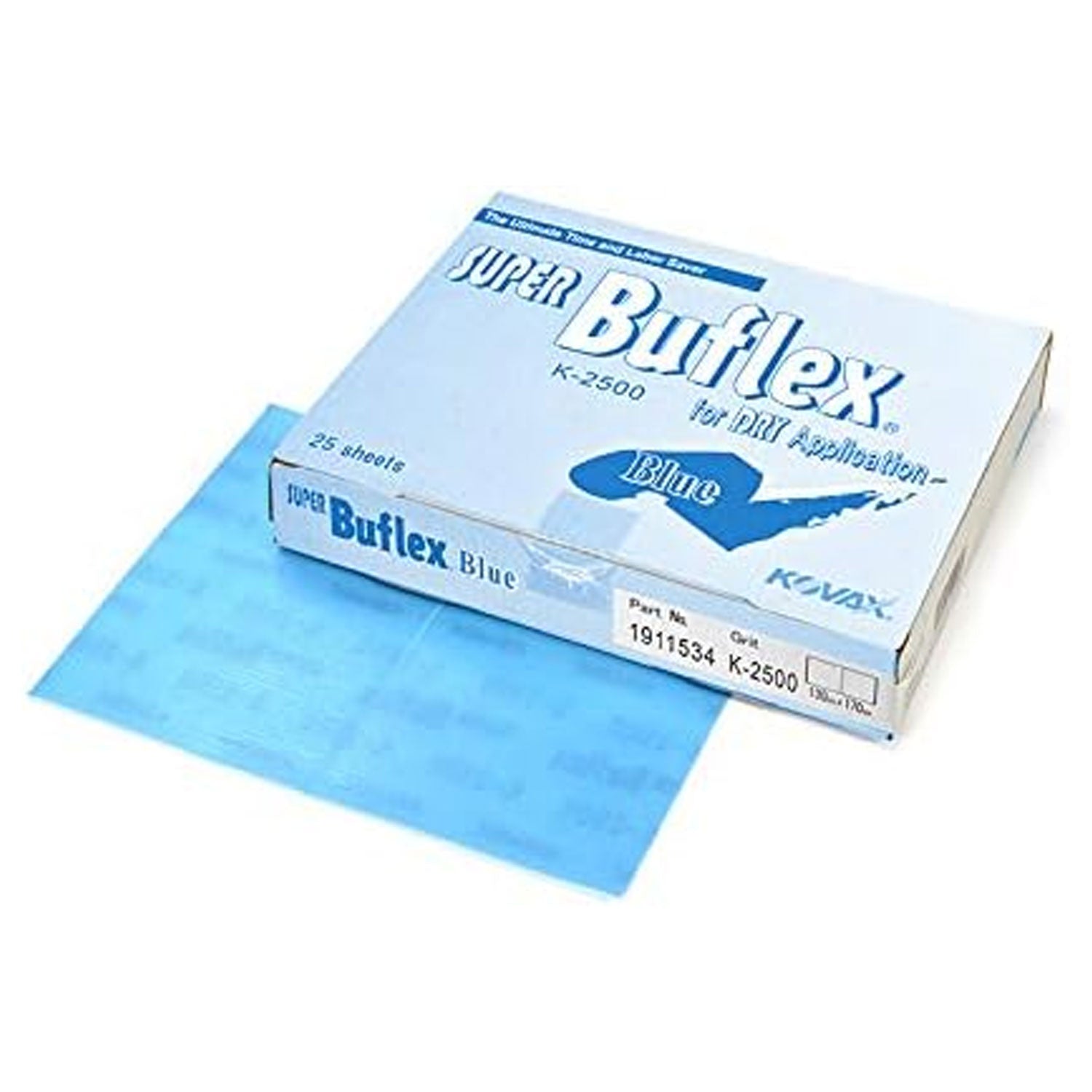 Box of K-2500 Blue Super Buflex sandpaper with a single sheet on a white background