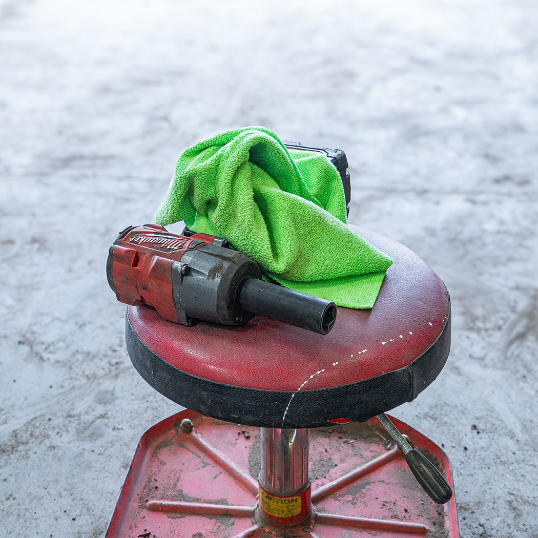 Lime Green Towel in Mechanic Shop