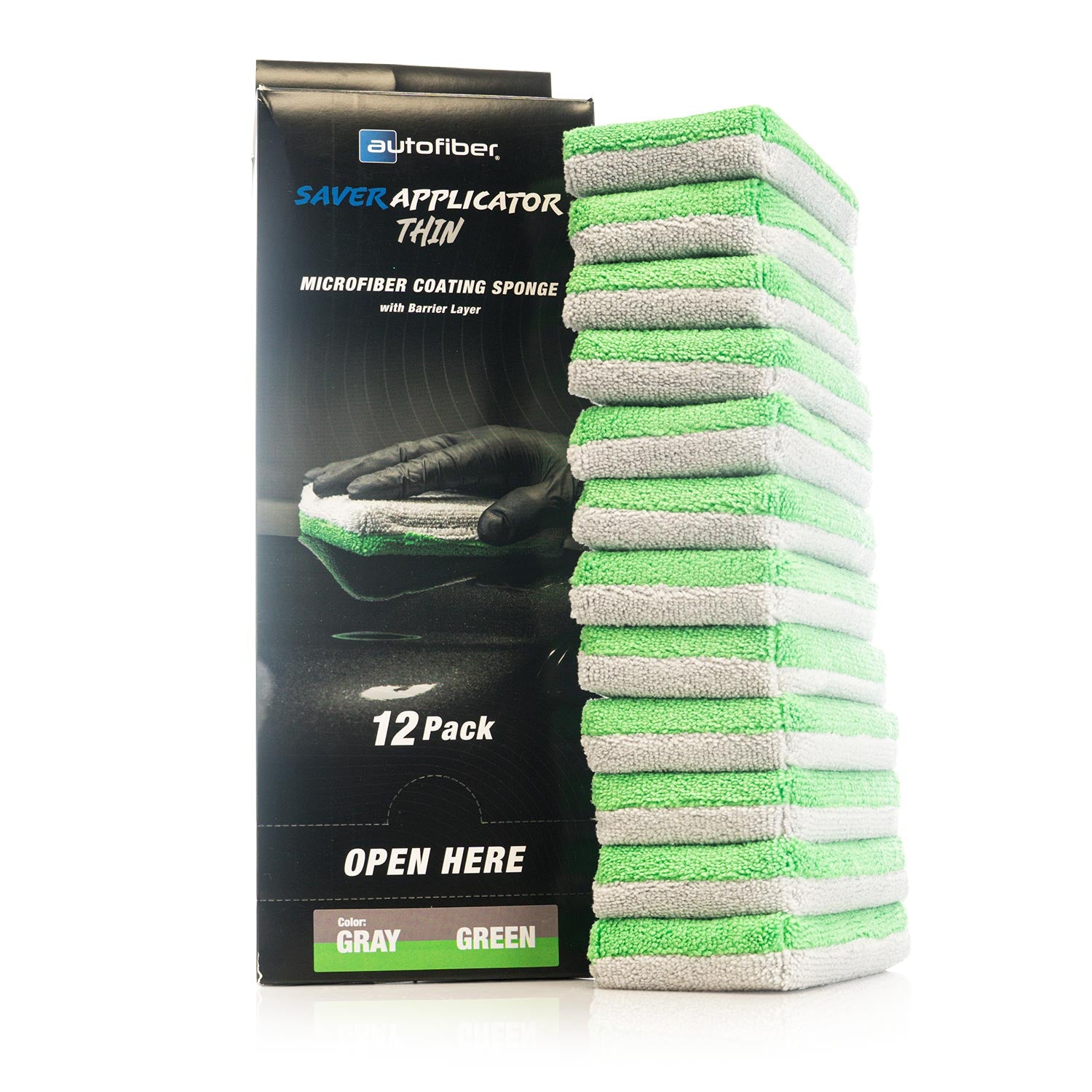 Pack of Green and Gray Autofiber microfiber thin applicators with a black box labeled 'Saver Applicator Thin'.