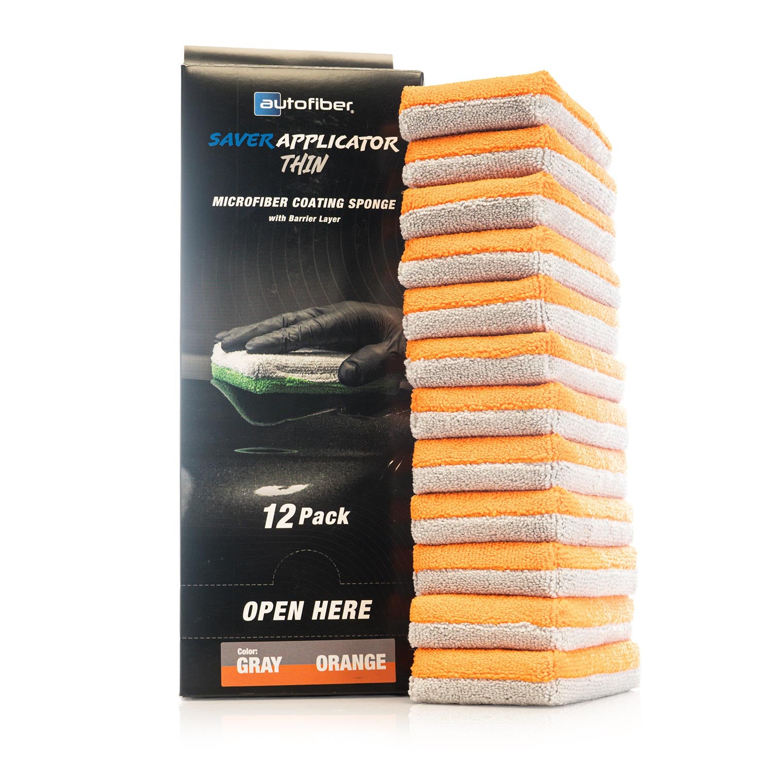 Pack of Orange and Gray Autofiber microfiber thin applicators with a black box labeled 'Saver Applicator Thin'.