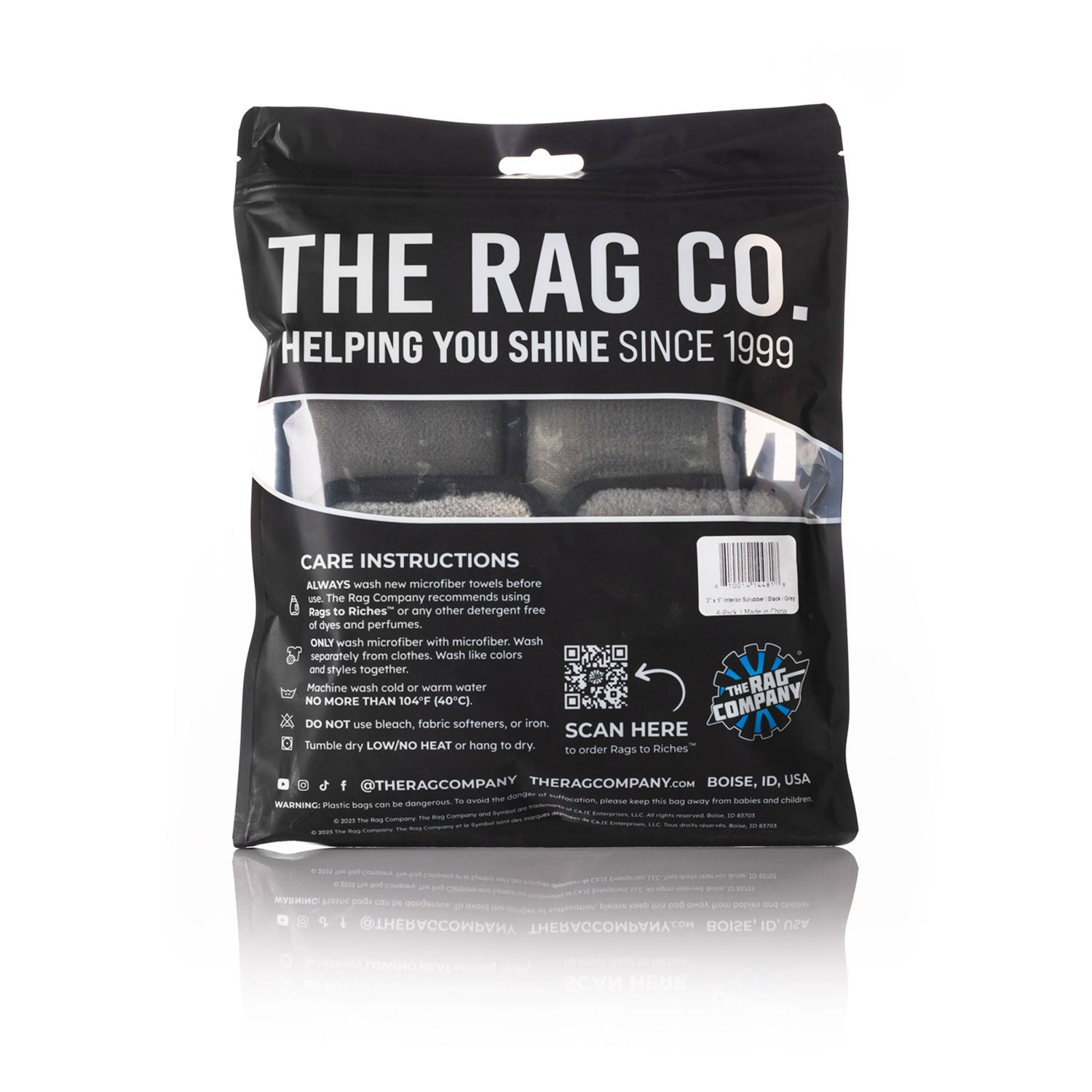 Interior Scrubbers Packaged product from The Rag Co. with care instructions on a white background